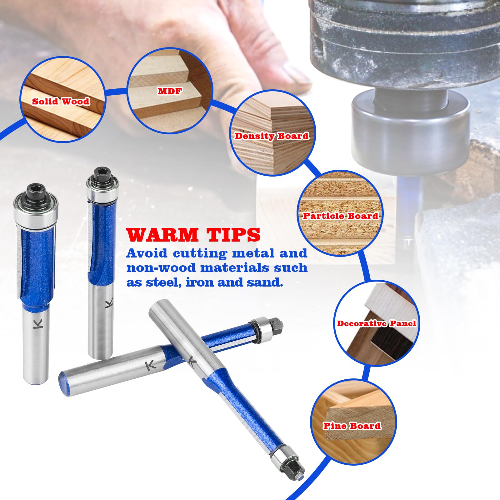 Set di 4 Frese per Legno 8 mm, Punte Fresa Legno, fresa a doppio lato con cuscinetti per legno, diametro 6,35 mm,8 mm,9,5 mm,12,7 mm, lunghezza di lavoro 25 mm