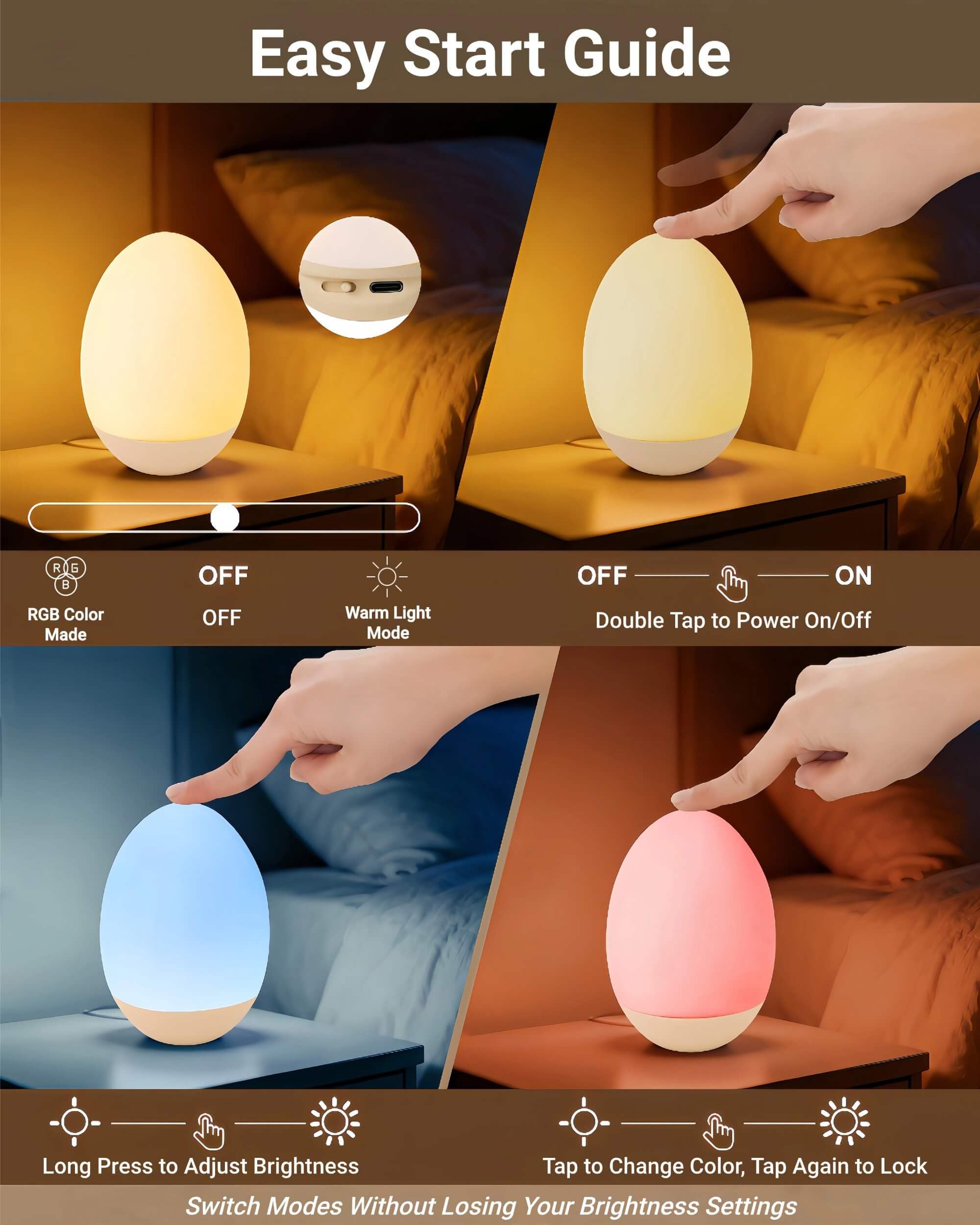 Nachtlicht für Kinder, Ei-Licht für Kinderzimmer, Baby-Nachtlicht, BPA-frei, 7 Farbwechsel und stufenloses Dimmen, wiederaufladbare kabellose Lampe, Touch-Steuerung, Silikon-Dekoration