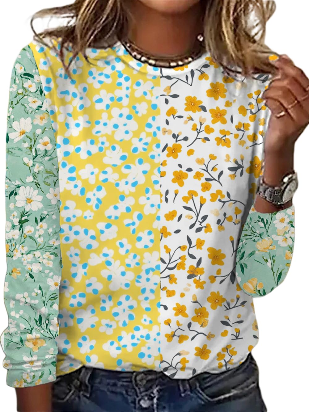 Womens 3 4 Sleeve Tops Boho Floral Print Splice Crewneck Casual Shirts for Women Vintage Trendy Blouse