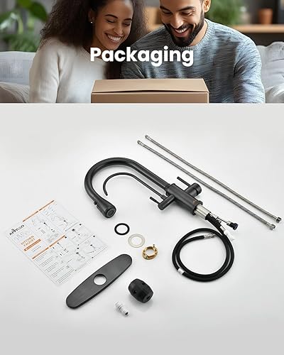 Vista 41 de APPASO Grifo de cocina cuadrado con filtro, grifos de fregadero de 3 vías negro mate con rociador extraíble, 2 modos, arco alto, moderno, 2 asas