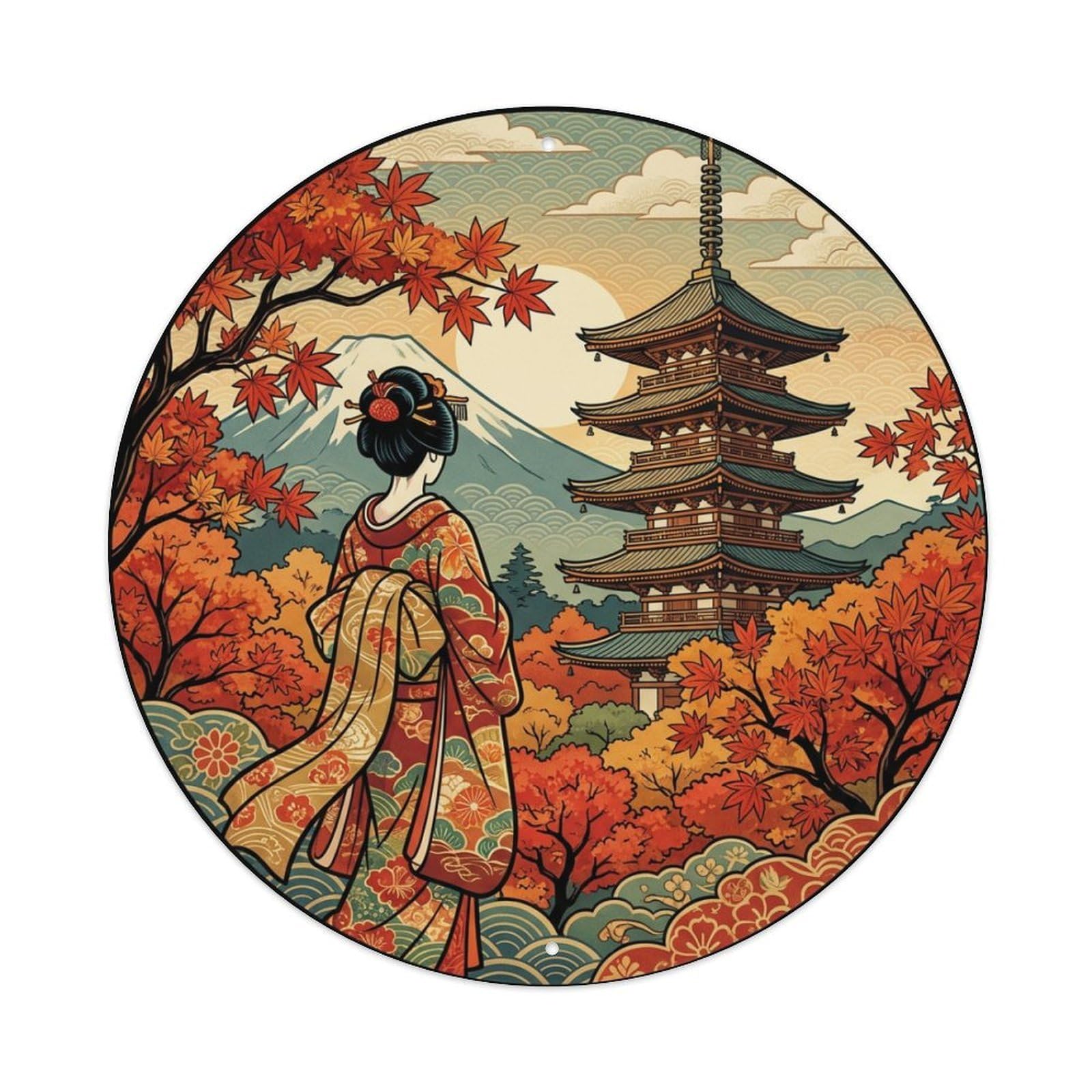 Cwbufd Vintage Style Japanese Autumn Pagoda Geisha Maple Scene Vintage Metal Tin Sign Plaque Wall Decor For Cafe, Club Bar, Office, Garden Metal Poster 8X8inch