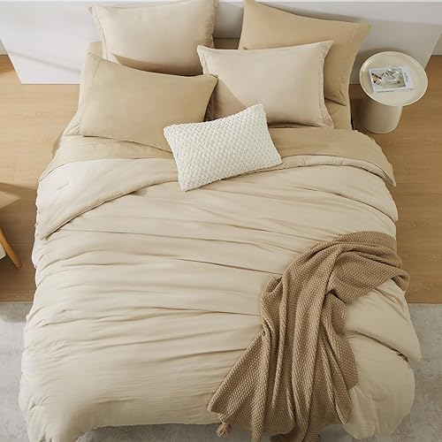 Miniatura 3 de WRENSONGE Juego de edredón beige tamaño Queen, 7 piezas de microfibra suave tamaño Queen con sábana bajera, sábana encimera, 2 fundas de almohada y