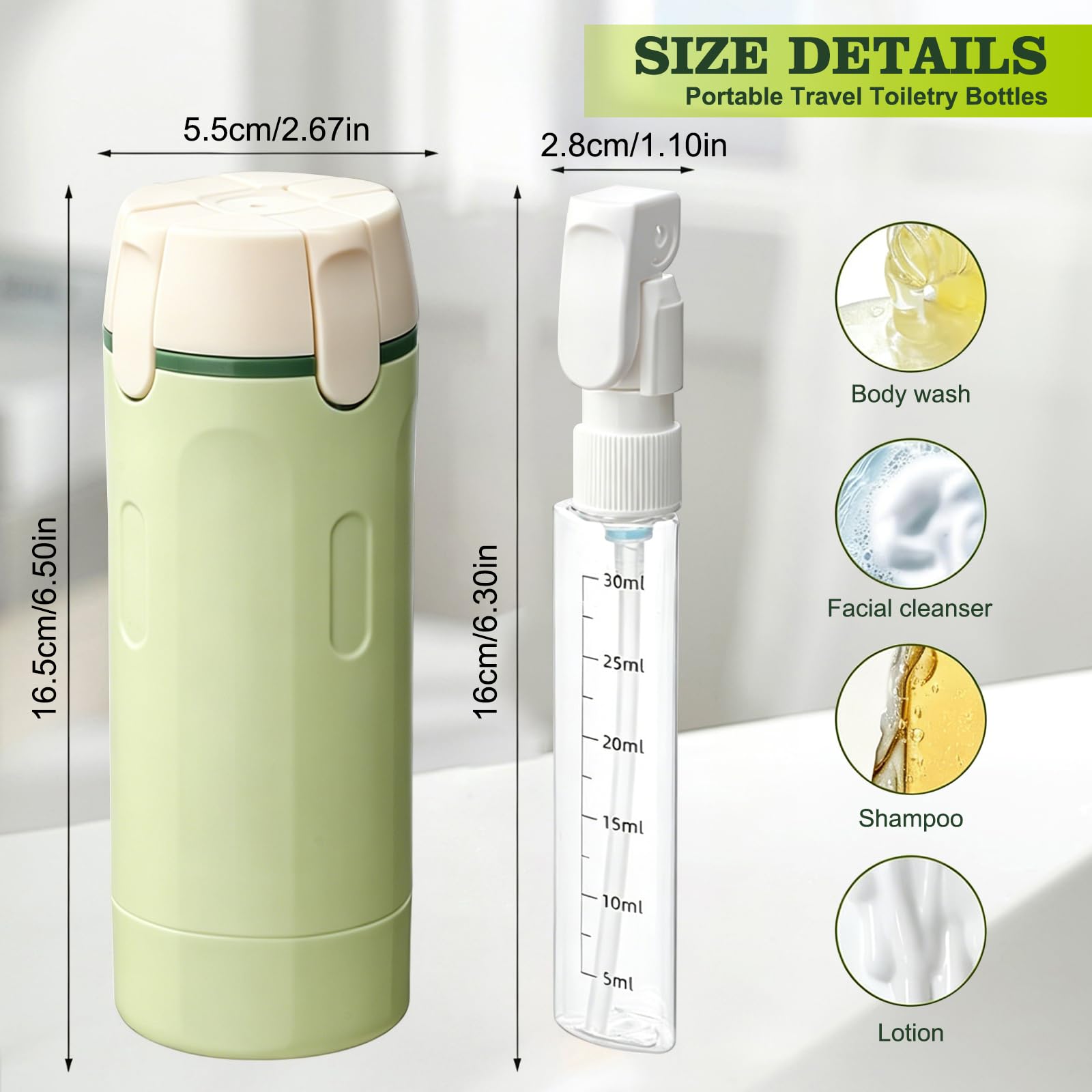 Bouteilles de voyage 4 en 1 à remplir, portable, transparent, avec échelle de mesure et étiquettes, bouteilles de voyage à remplir pour shampooing, après-shampooing, lotion et gel douche (vert)