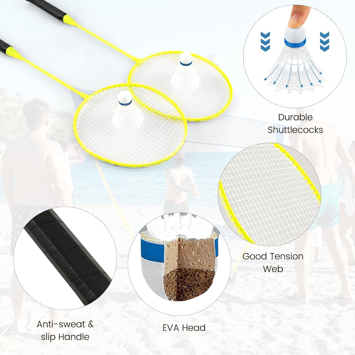 Tragbares Badminton-Set, Faltbares Badmintonnetz | Mit Freistehendem Ständer, 2 Badmintonschlägern, 2 Federbällen, Für Indoor- Und Outdoor-Spiele Yellow 270 X 33.5 X 160 cm