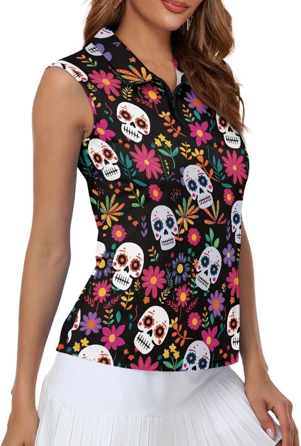GULANGYU Halloween Print Golf Shirt for Women Sleeveless Tank Tops Casual Zip Collared Polo Tennis Shirts
