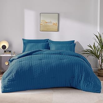 CozyLuxKing Seersucker Comforter Set with Sheets Teal Bed in a Bag 7-Pieces All Season Bedding Sets with Comforter, Pillow Sham, Flat Sheet, Fitted Sheet, Pillowcase