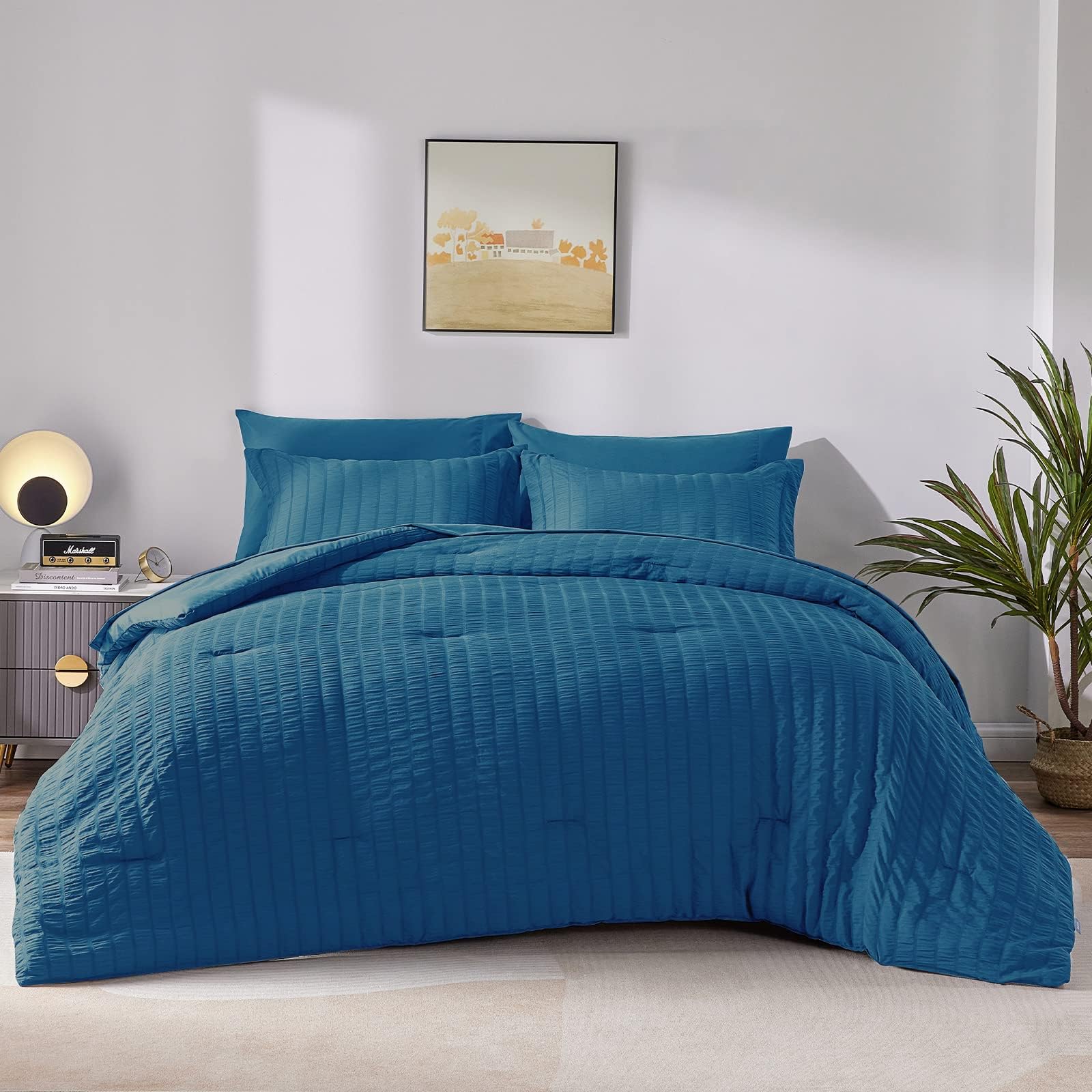 CozyLuxKing Seersucker Comforter Set with Sheets Teal Bed in a Bag 7-Pieces All Season Bedding Sets with Comforter, Pillow Sham, Flat Sheet, Fitted Sheet, Pillowcase