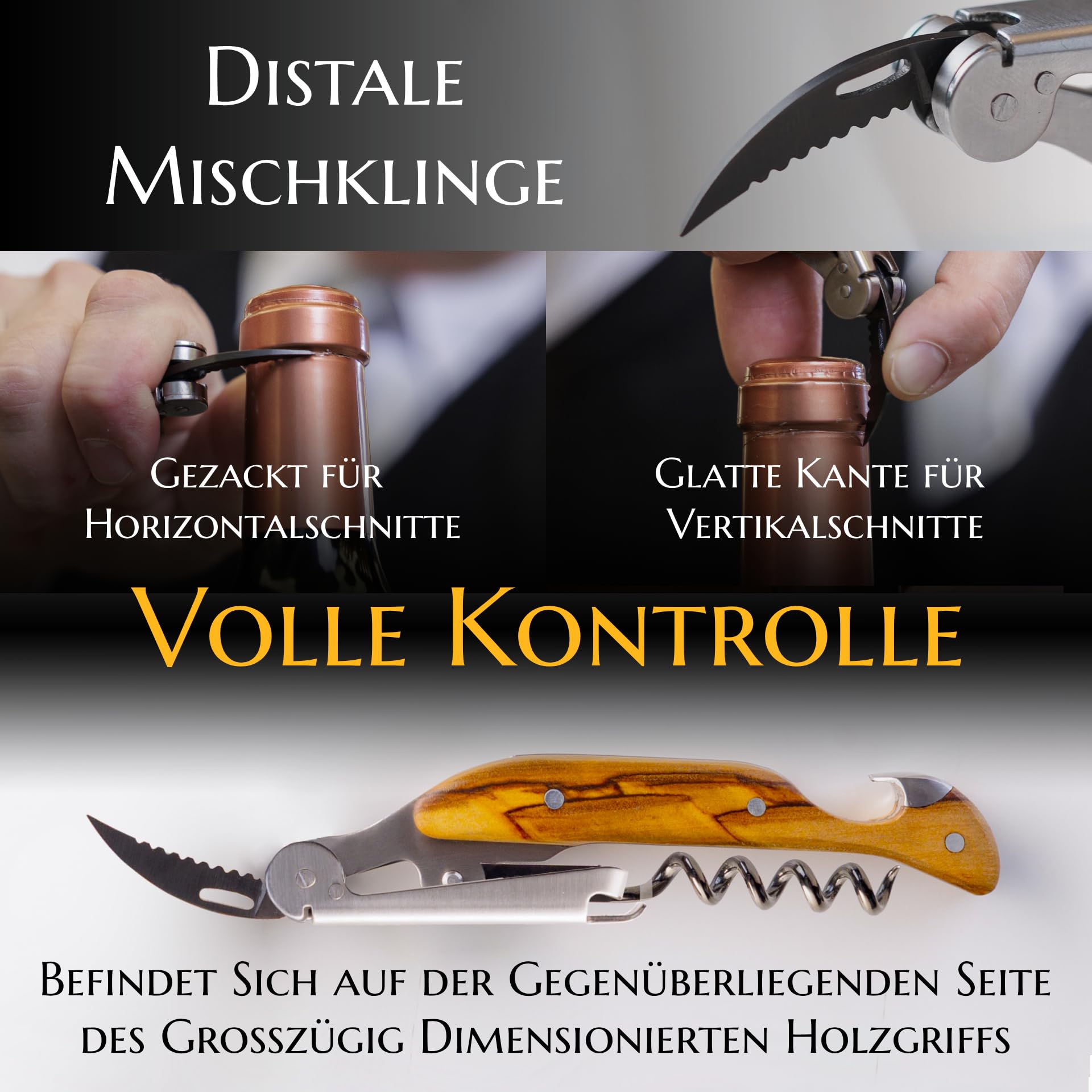 Kellnermesser für Profis FALCORK® 144 Effizienz – Ein-Schritt-Korkenzieher & Flaschenöffner für Intensiven Einsatz in der Gastronomie mit Optimal Markierter Helix & Glattem Griff aus Natur-Olivenholz