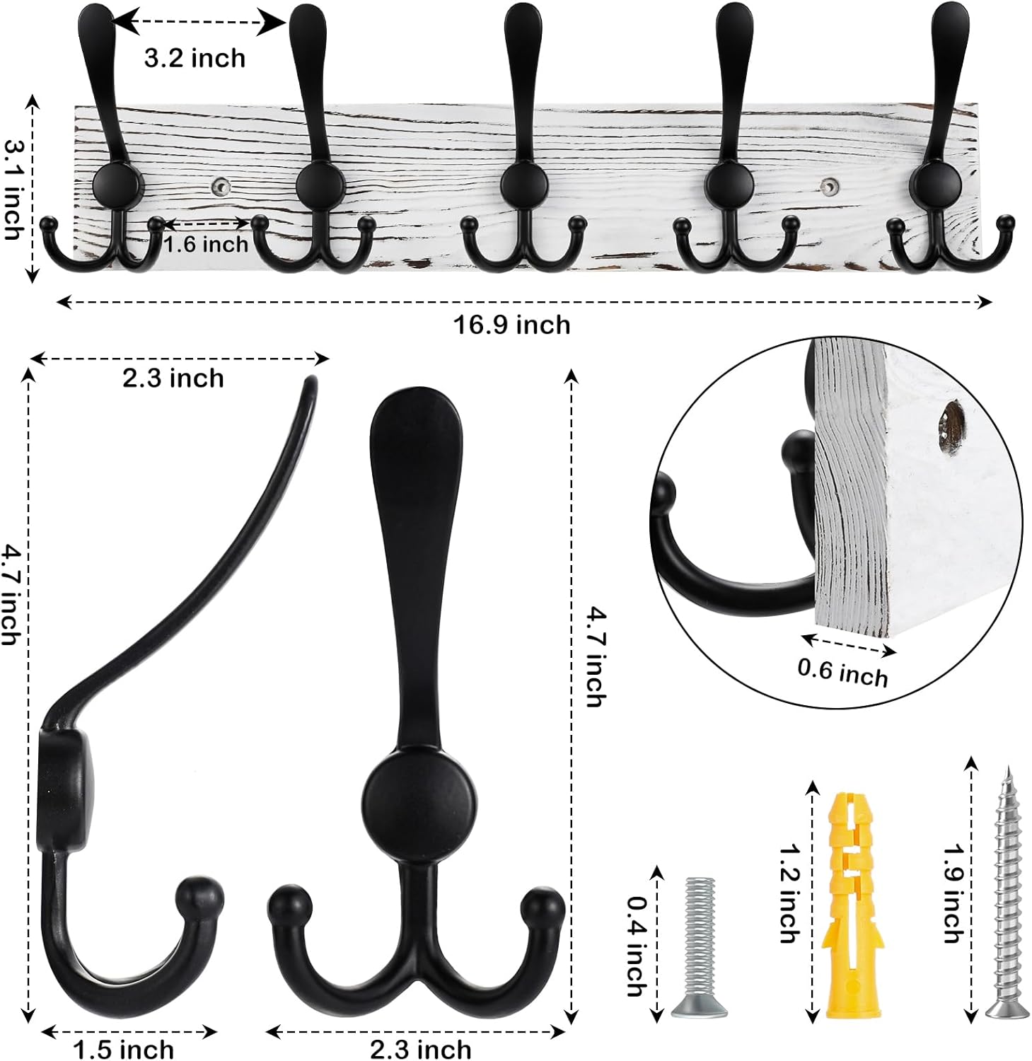 2pcs Coat Rack Wall Mount Wooden Hat Rack for Wall Hooks Pine Real Wood Plank 16.9" Old White Coat Hanger with 5 Black Triple Hooks for Hanging Coat Hat Jacket 2 Items-5 Hooks Old White Plate & Black Hook