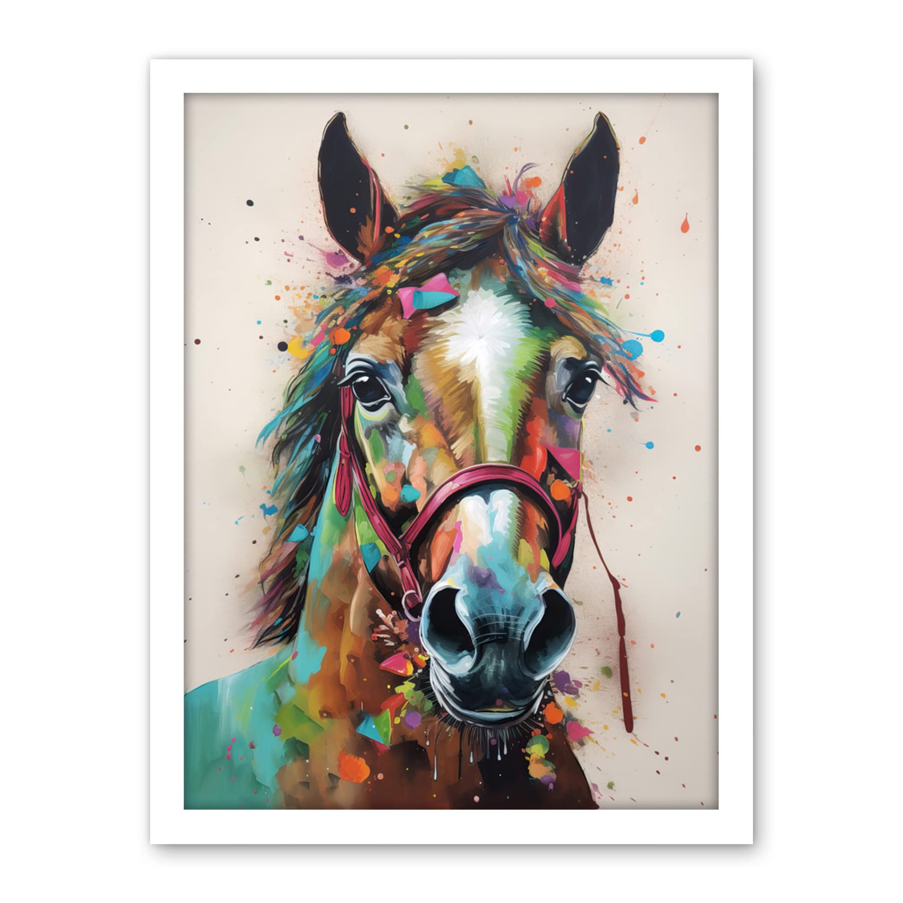 Artery8 Horse Multicoloured Spray Paint and Oil Painting Artwork Framed Wall Art Print 18X24 Inch