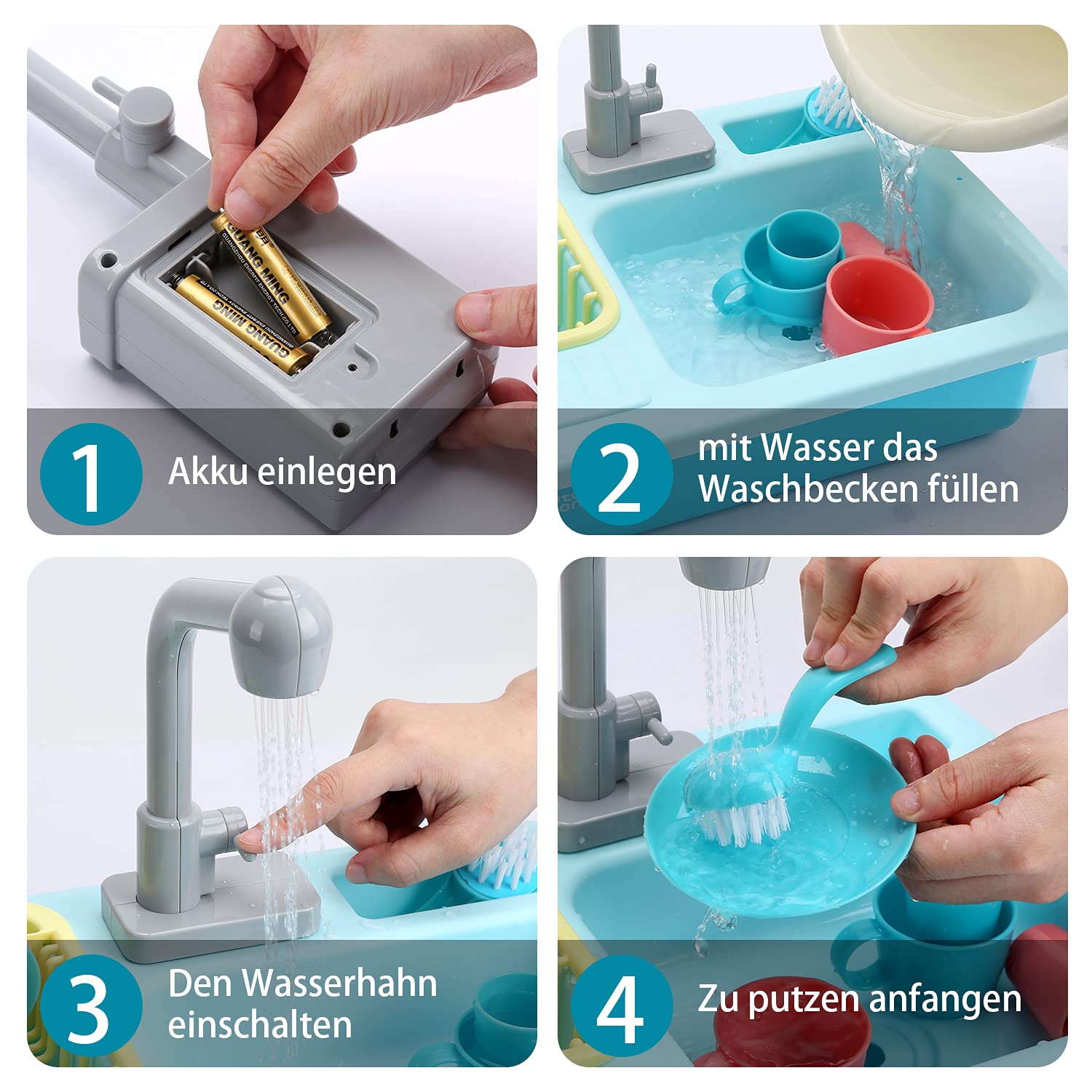 cute stone Küchenspüle Spielzeug Set mit warmbarem Wasser-Recycling Wasserhahn und Waschbecken, Wärme Farbwechsel Geschirr Set, mit Obst-Schneiden für Kinder ab 3 Jahre (Blau)