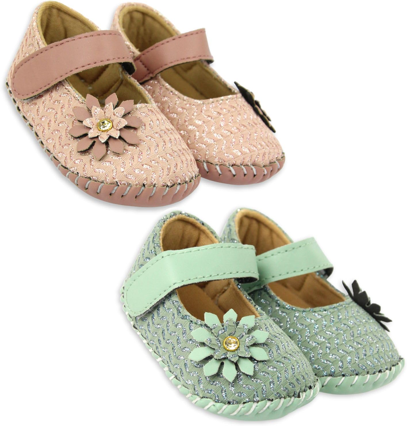 6 To 12 Months Baby Girls Set of 2 Pair Belly Shoe Floral Hook & Loop Sandal Booties (Pink,Green)-BT1626andBT1627-image-46