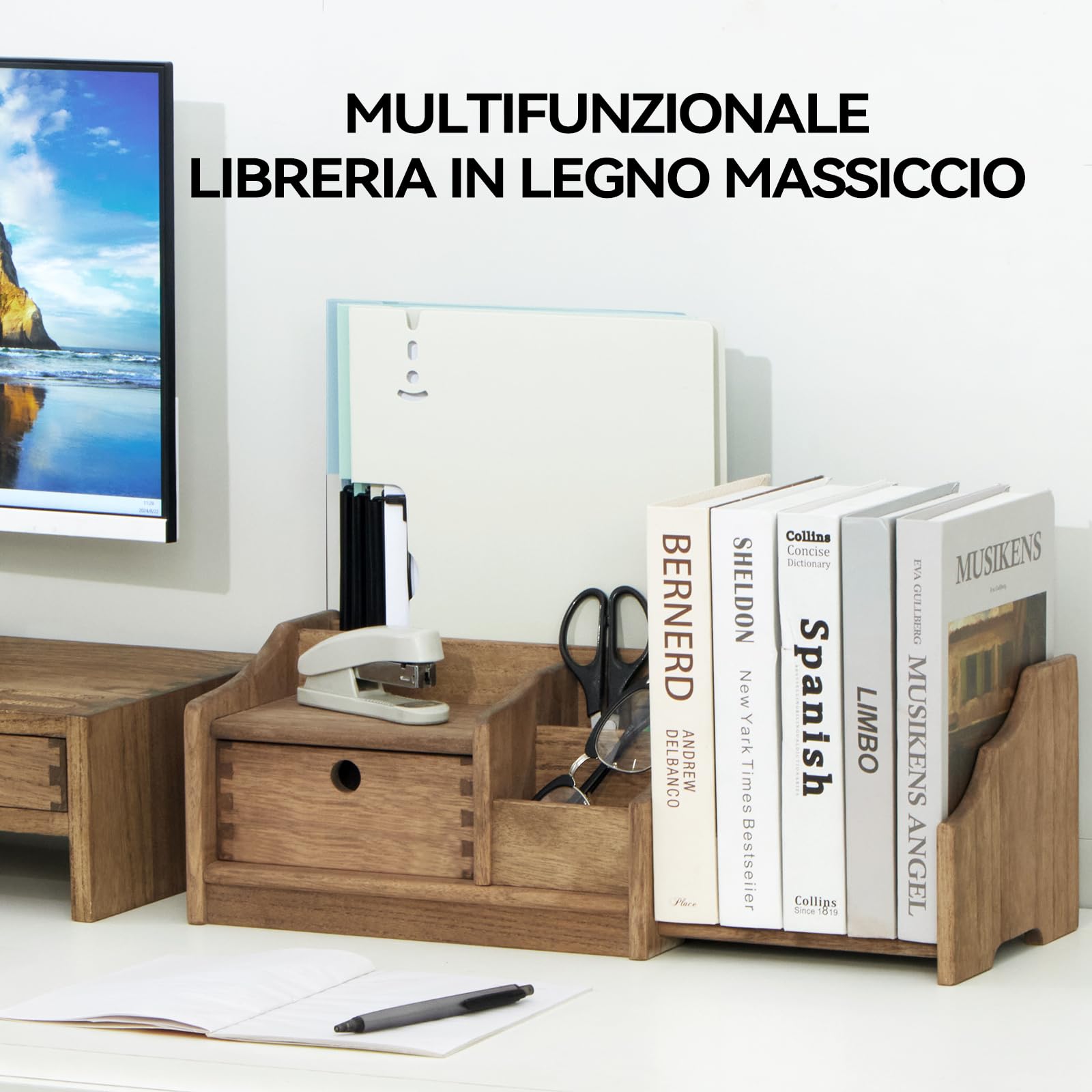 KIRIGEN Libreria in Legno Regolabile con Cassetto – Organizer da Scrivania Completamente Assemblato, Salvaspazio per Libri, Documenti e Riviste marrone