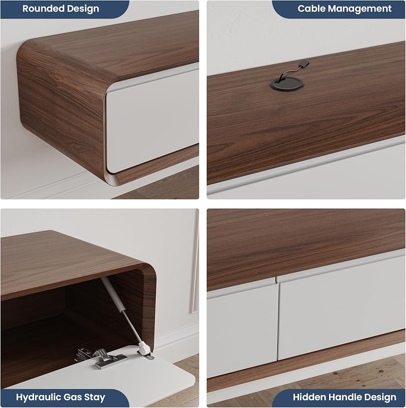 POVISON Modern TV Stand and Coffee Table Set of 2, Minimalist Floating TV Stand 79" Modern Wall-Mounted Entertainment Center, 51" Square Wood Coffee Table, Walnut & White image 4