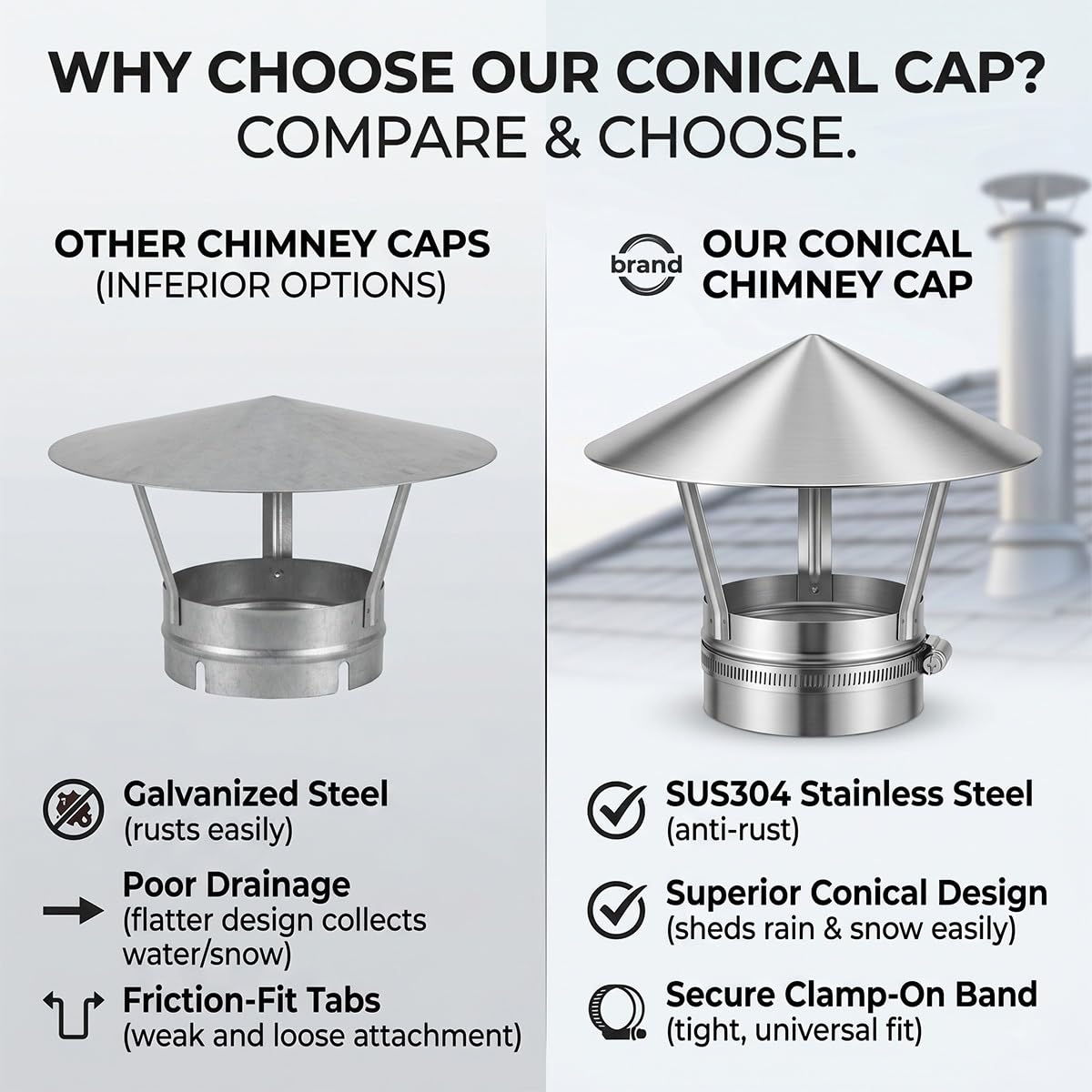 Sombrerete de Chimenea Ajustable Acero Inoxidable Tapa de Lluvia Caperuza Salida Humos Protector para Tubo de Estufa Ventilación de Techo Cubierta de Escape Exterior(150mm)