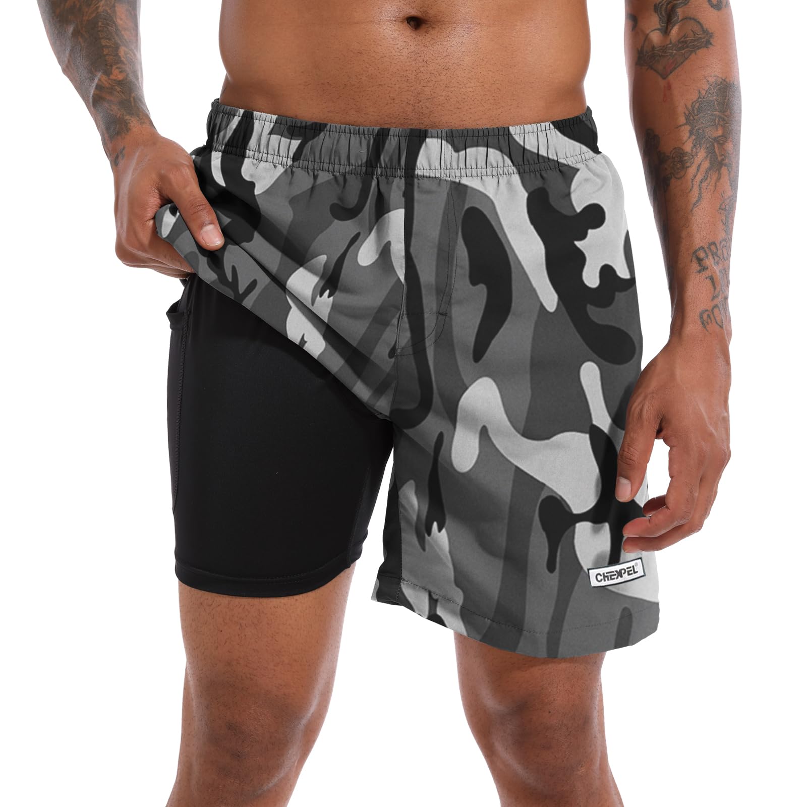 CHEXPEL Men's Swim Trunks Quick Dry Beach Shorts with Pockets and Compression Liner 7 Inch Inseam Bathing Suits