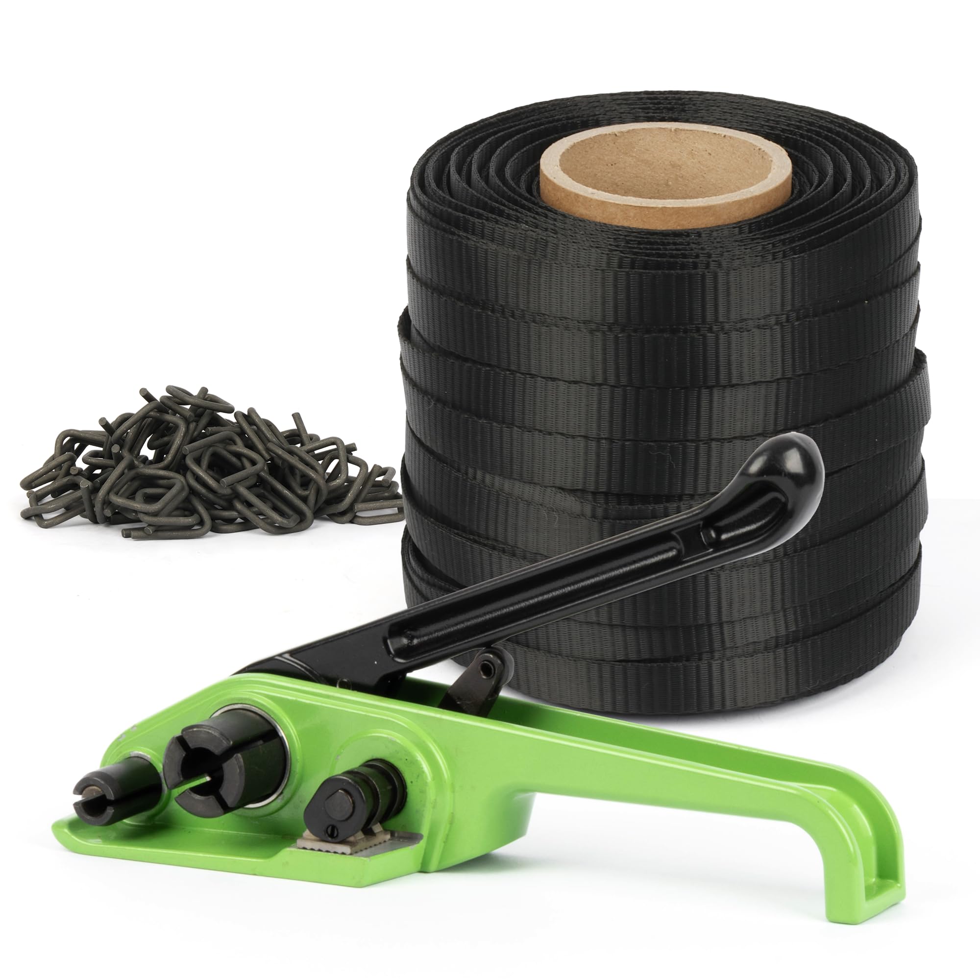 U.S. Solid Juego de flejes con cinta de tela de 19 mm x 100 m para palés, herramienta de sujeción 2 en 1, 100 hebillas de fosfato, juego de flejes manuales