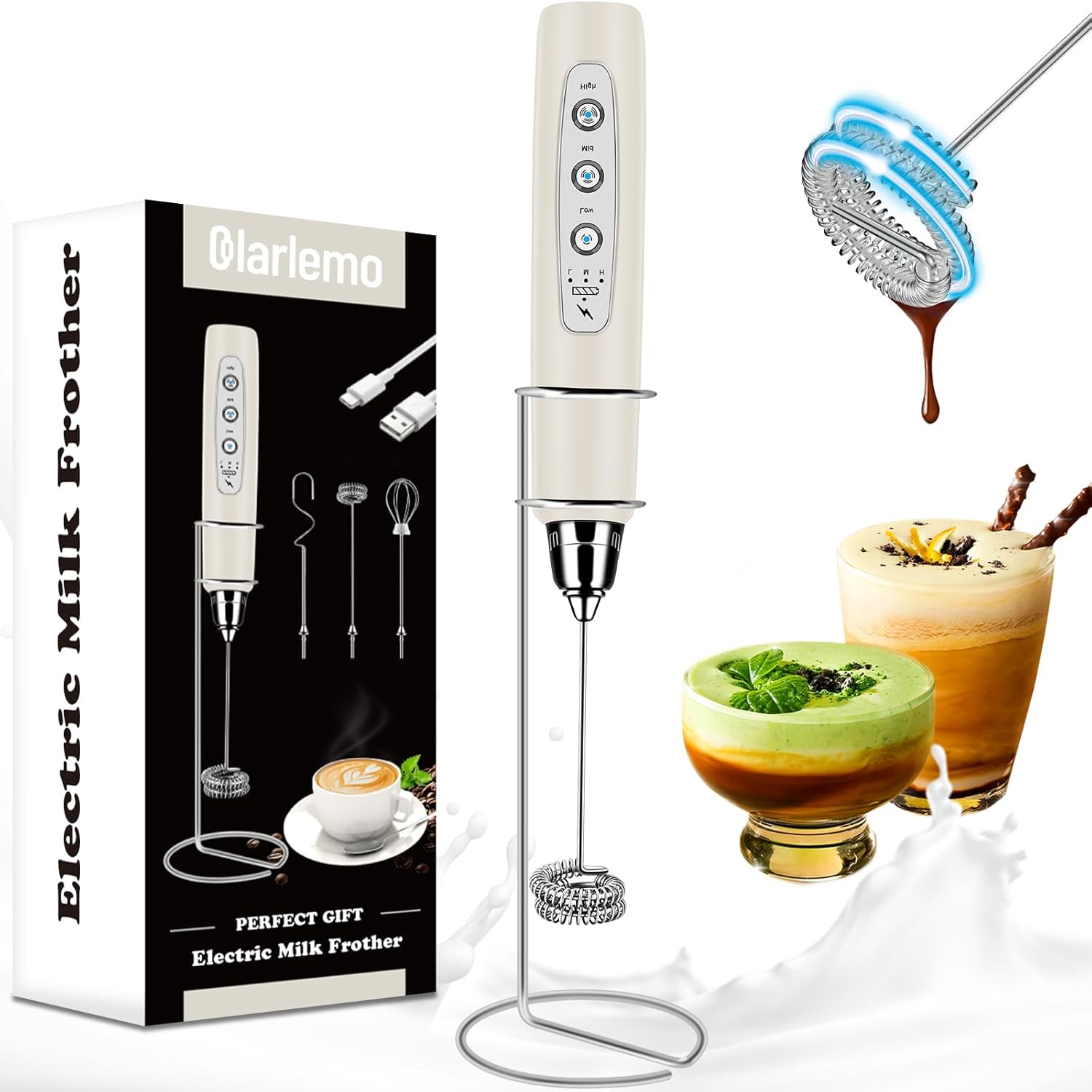 Milk Frother Handheld Rechargeable with Stand, Frother Wand Drink Mixer Electric Whisk for Coffee, Detachable With 3 Stainless Whisks, Hand Mixer for Lattes, Cappuccino, Matcha, Egg, Beige with stand Light Beige