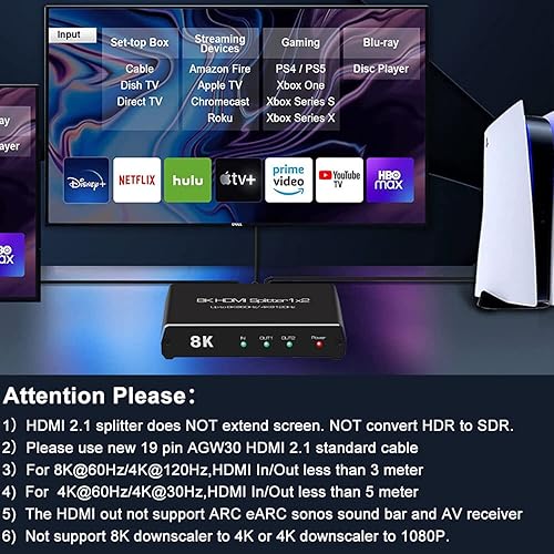 Miniatura 5 de Divisor HDMI 8K 60Hz 1x2, 4K 120Hz HDMI 2.1 Divisor Convertidor 1 en 2 Salida HDCP 2.3 UHD HLG HDR 7680x4320P para 8KTV PS5 Xbox Game