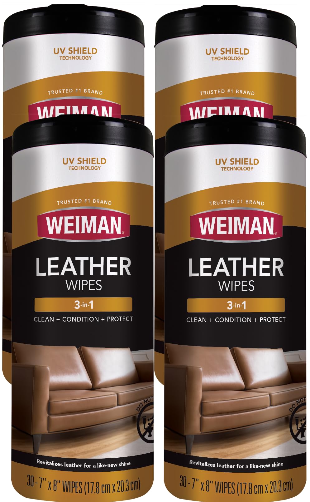 Weiman Leather Wipes - 4 Pack - Clean Condition Ultra Violet Protection Help Prevent Cracking or Fading of Leather Couches, Car Seats and Interior, Shoes and Other Leather Surfaces