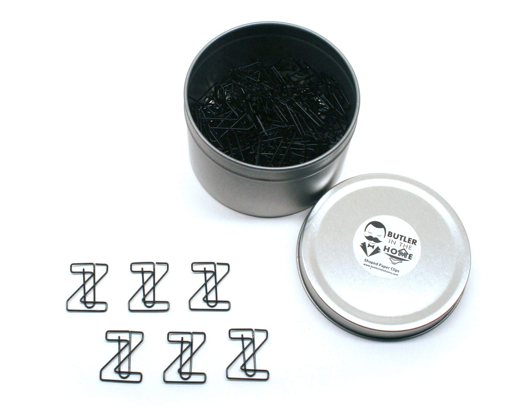 Butler in the Home Pick Your Favorite A-Z Alphabet Letter or 0-9 Number - 100 Count Black Colored Paper Clips for Initials or Birthdate - Comes in Round Tin with Lid and Gift Box (Letter Z)