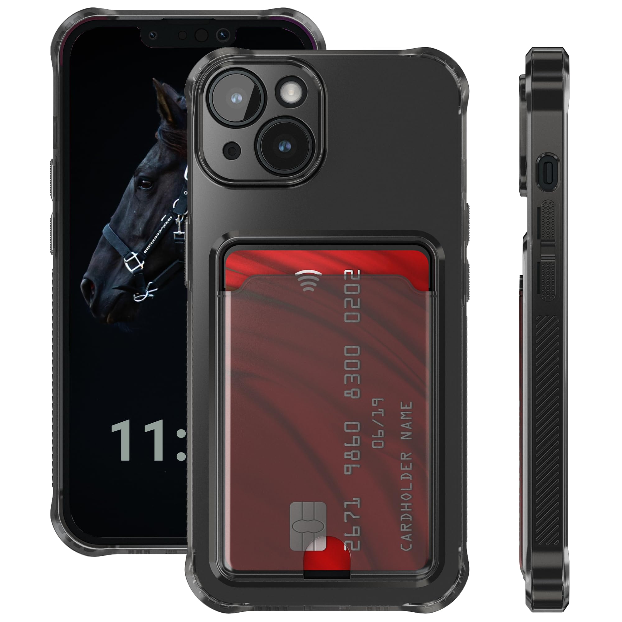 ELEVAVIDA Custodia per iPhone 14, colore nero trasparente, con scomparto per carte di credito e protezione della fotocamera, angoli antishock antiurto, custodia protettiva per Apple iPhone 14 Slim