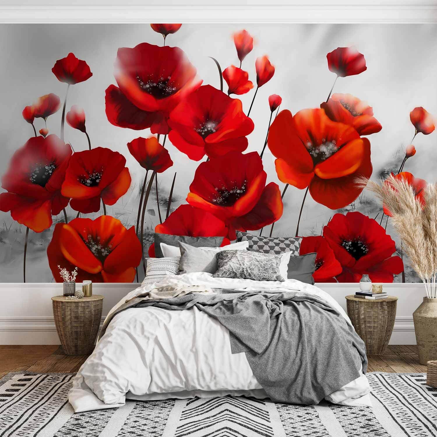 decomonkey Fototapete Mohnblumen, 400x280 cm, XL, Blumem Abstrakt rot | Vlies, Schlafzimmer, Wohnzimmer, Tapete, Fototapeten, Tapeten, Vliestapete, Wandtapete, moderne, Wandbild, Wand
