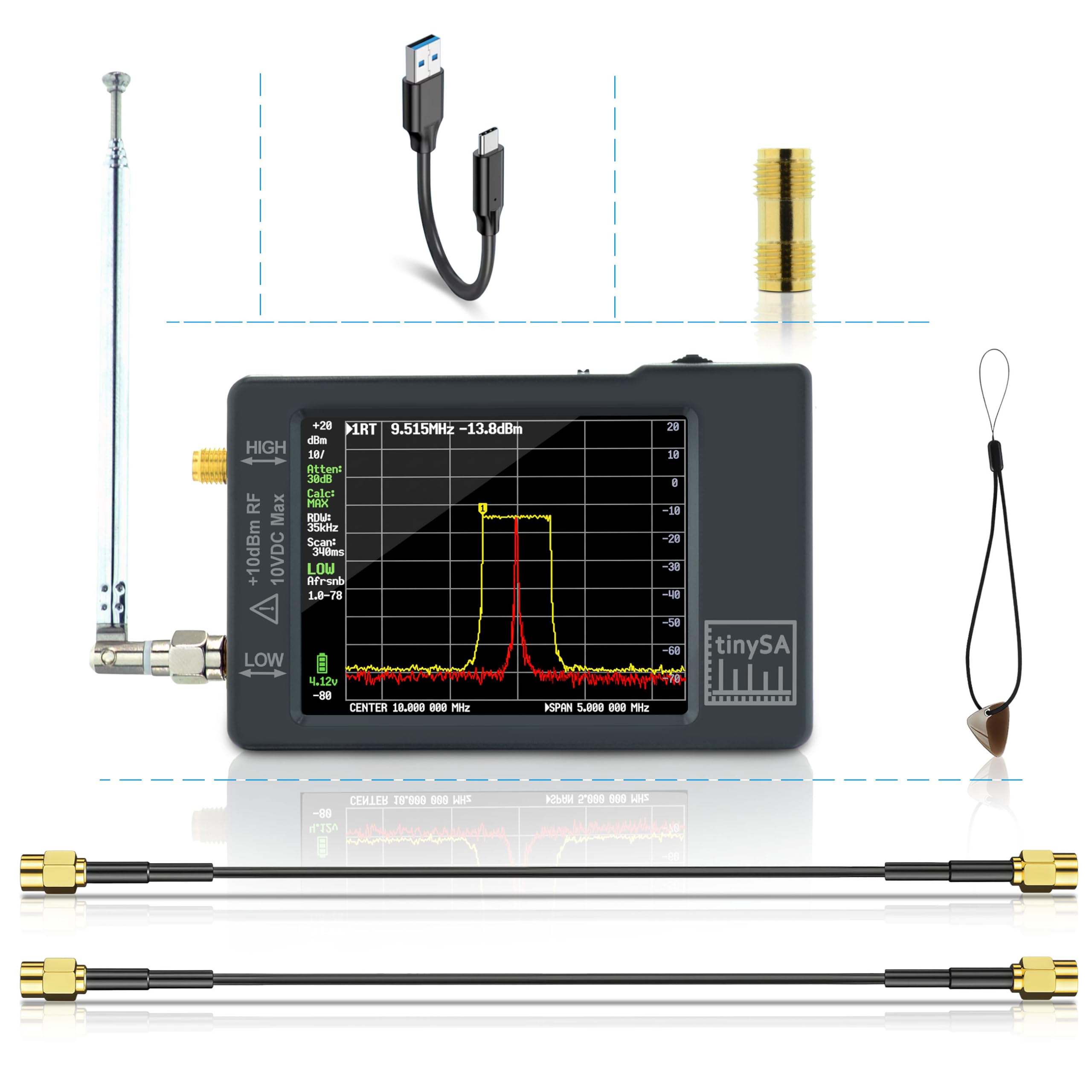 Analizzatore di Spettro Portatile TinySA 100kHz a 960MHz con Touchscreen da 2,8", Analizzatore di Frequenza V0.3.1, Generatore di Segnale di Ingresso MF/HF/VHF e UHF con Protezione ESD