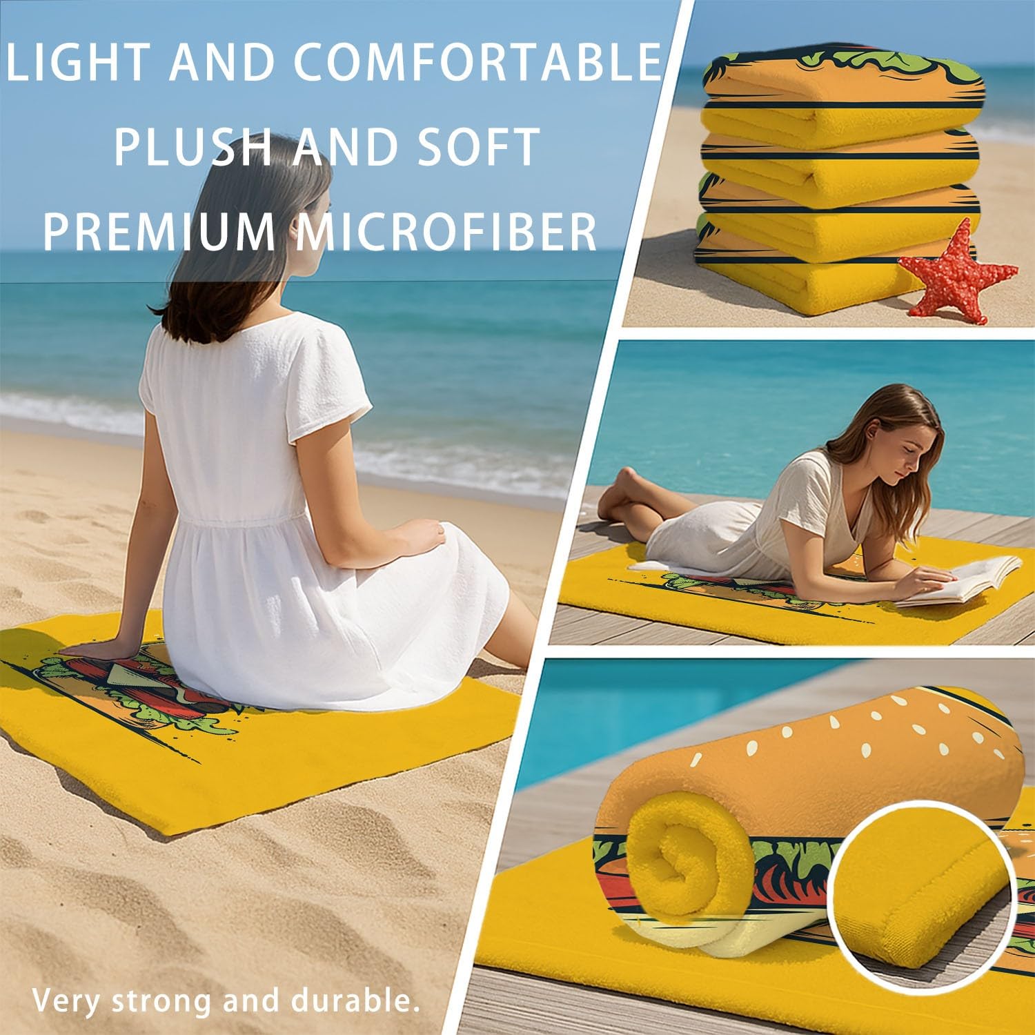 Générique Grande Serviette de Plage 180 x 100 CM,Drap de Plage Microfibre,Couverture de Plage Absorbante Rapide pour Amusant, Flat-Lay, Nourriture Cheeseburgers