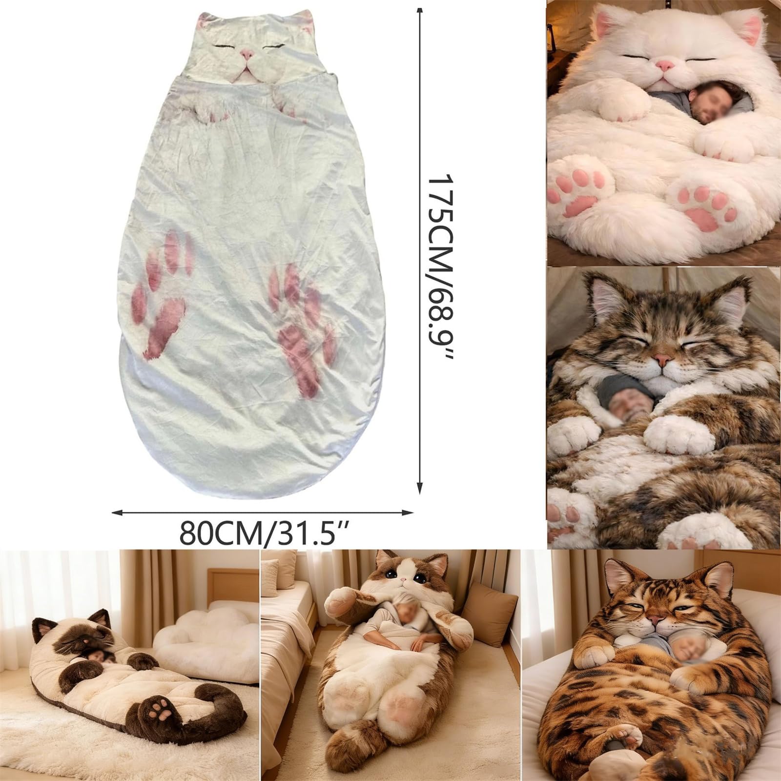 Katzenschlafsack – weicher Plüsch-Umschlagschlafsack für drinnen und draußen, waschbare warme Decke für Camping, Reisen und Übernachtungen