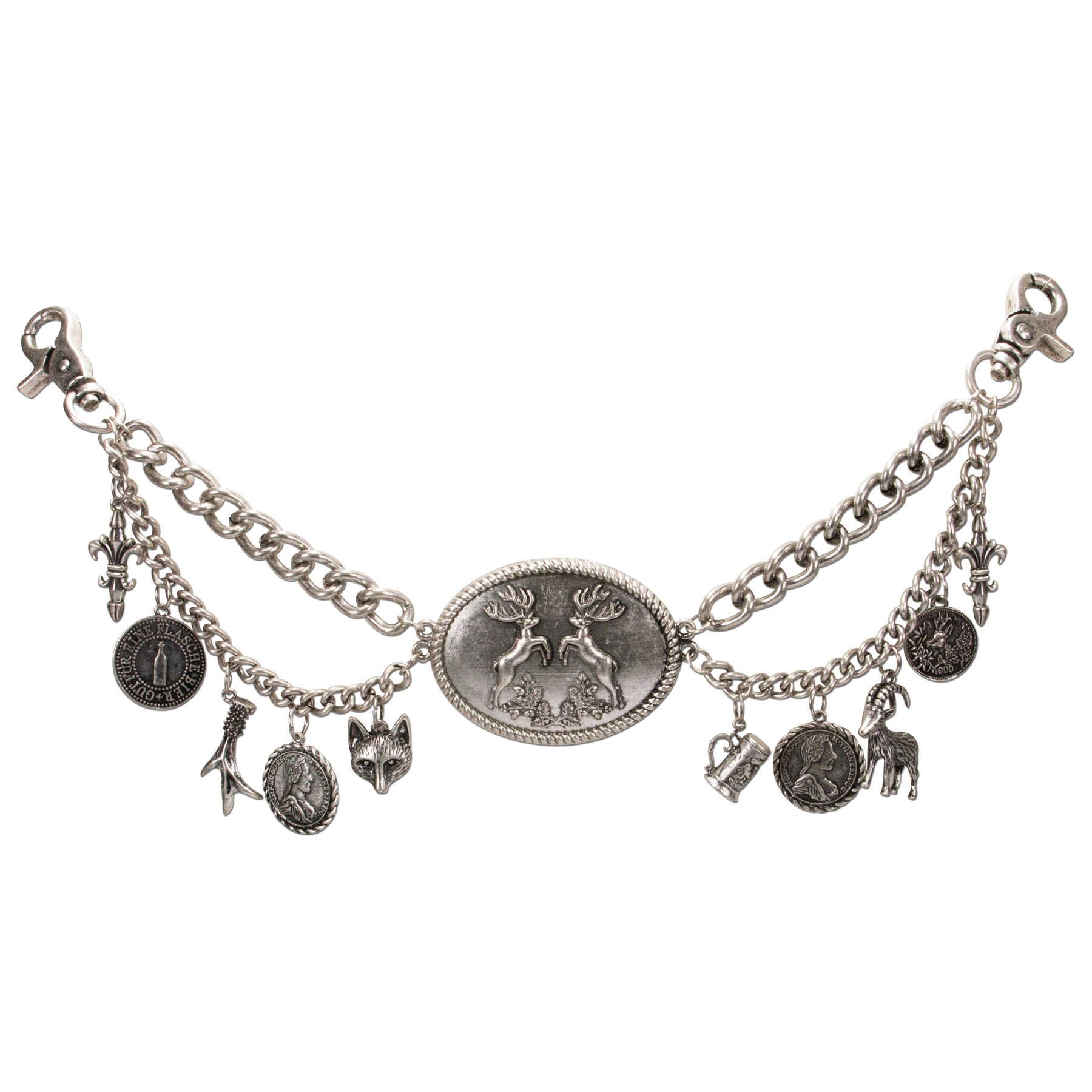 Alpenflüstern Trachten-Charivari Ferdi - Hochwertiger Herren-Trachtenschmuck mit Trophäen-Anhängern für die Lederhose, (antik-silber-farben) HCH013