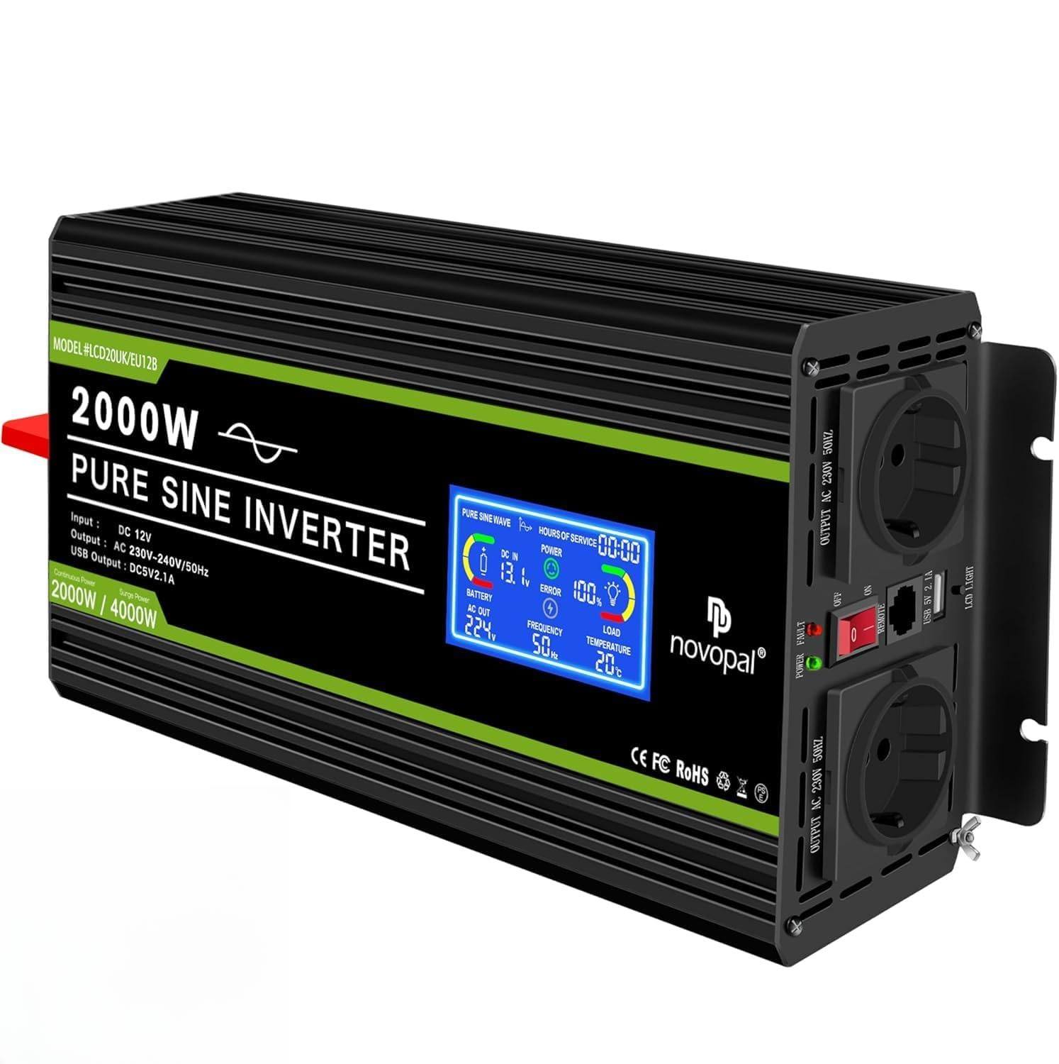 novopal Czysta fala falownika, przetwornica mocy samochodu 12V na 220V 230V, 2 wyjścia AC i port USB z 5m zdalnego sterowania do kampera, ciężarówki, łodzi, kempingu, domu, furgonetki (2000W 12V)