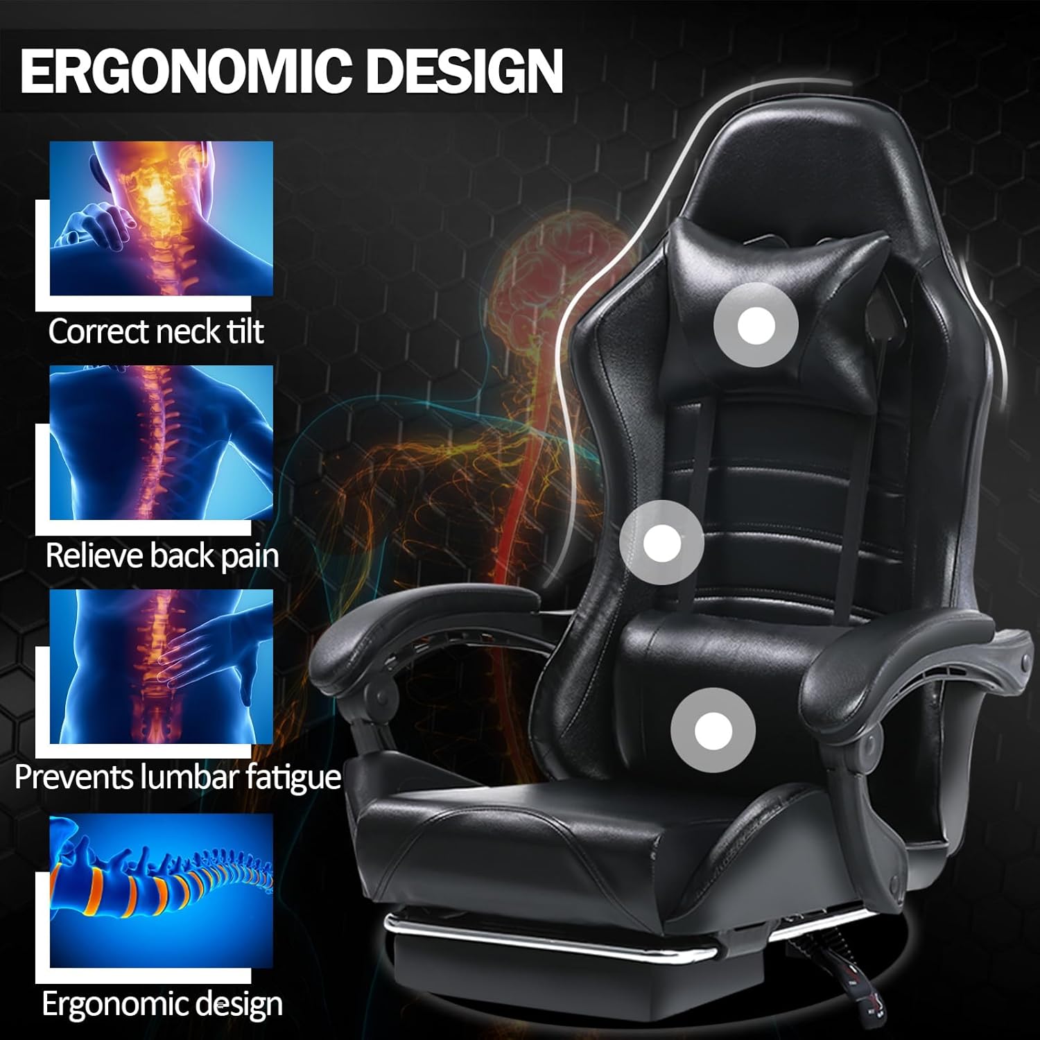 Ergonomic Racing Video Game Chair, PU Leather Electronic Gaming Chair with Footstool and Waist Support, Office Computer Chair, Black