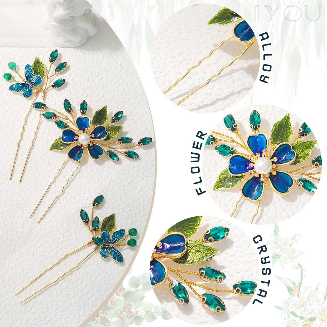 IYOU Baroque Wedding Hair Pins Green Flower Bridal Hair Piece Butterfly Guest Bridesmaid Hair accessories for Women(Pack of 3) - Image 4