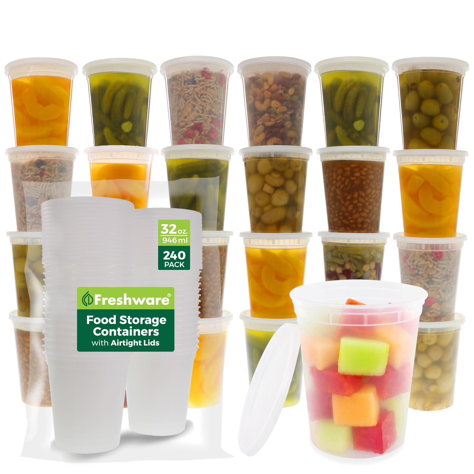FreshwareFood Storage Containers [240 Set] 32 oz Plastic Deli Containers with Lids, Slime, Soup, Meal Prep Containers | BPA Free | Stackable | Leakproof | Microwave/Dishwasher/Freezer Safe
