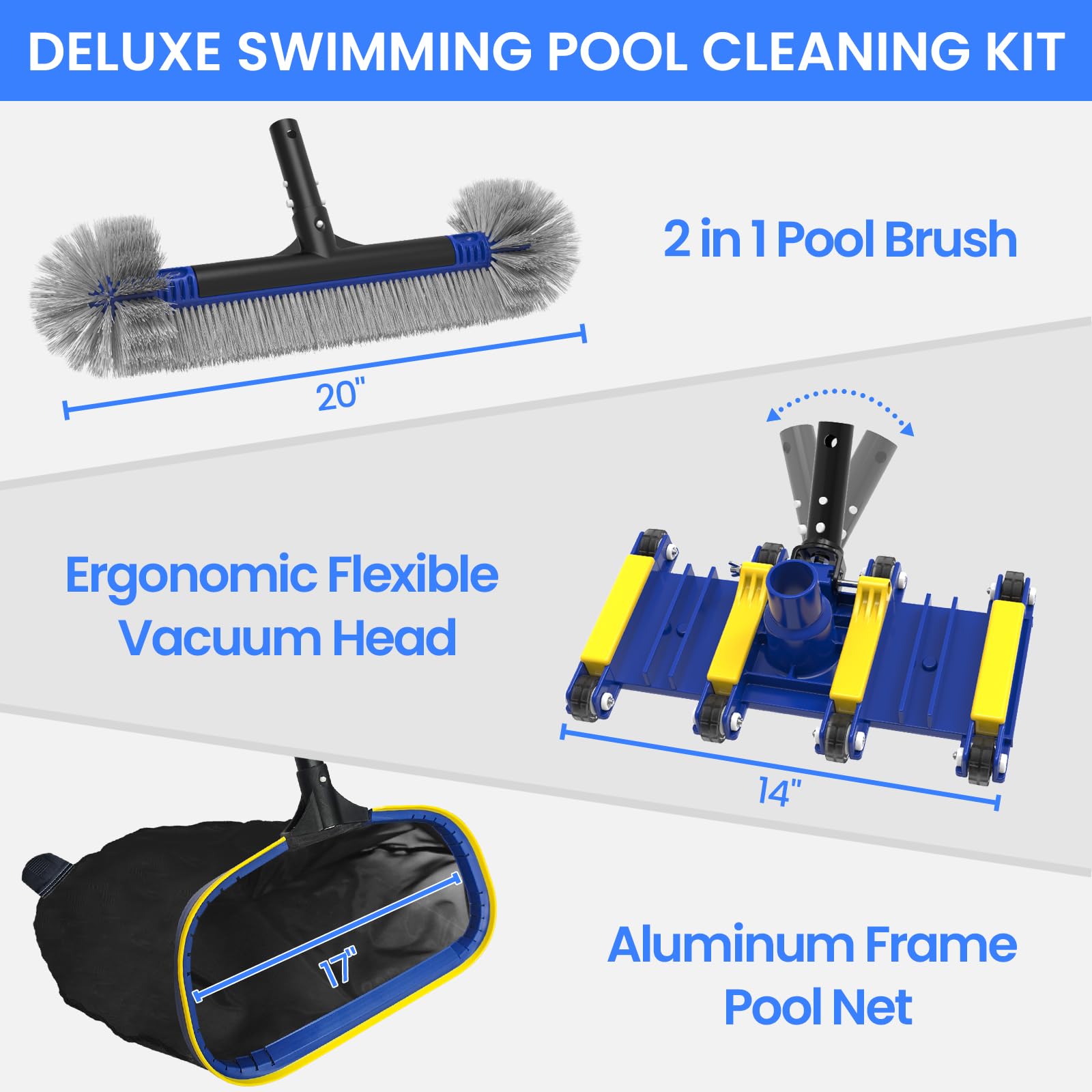 Poolvio Deluxe zestaw do czyszczenia basenu łącznie z siatką na skimmer, szczotką basenową 2 w 1 i obciążoną głowicą próżniową z kółkami do basenów naziemnych i inground (bez drążka)
