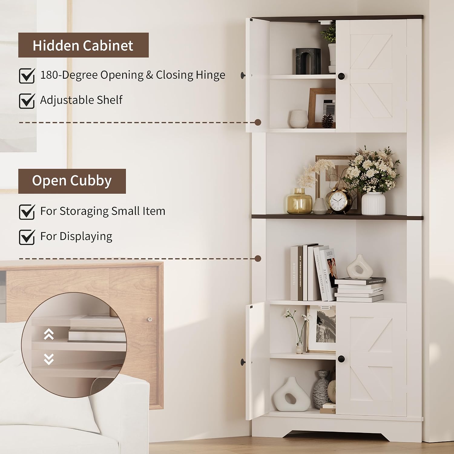 IDEALHOUSE Corner Storage Cabinet, Farmhouse Small Floor Corner Cabinet with Door and Adjustable Shelf, Narrow Cabinet Organizer for Bathroom,Pantry, Living Room, Kitchen