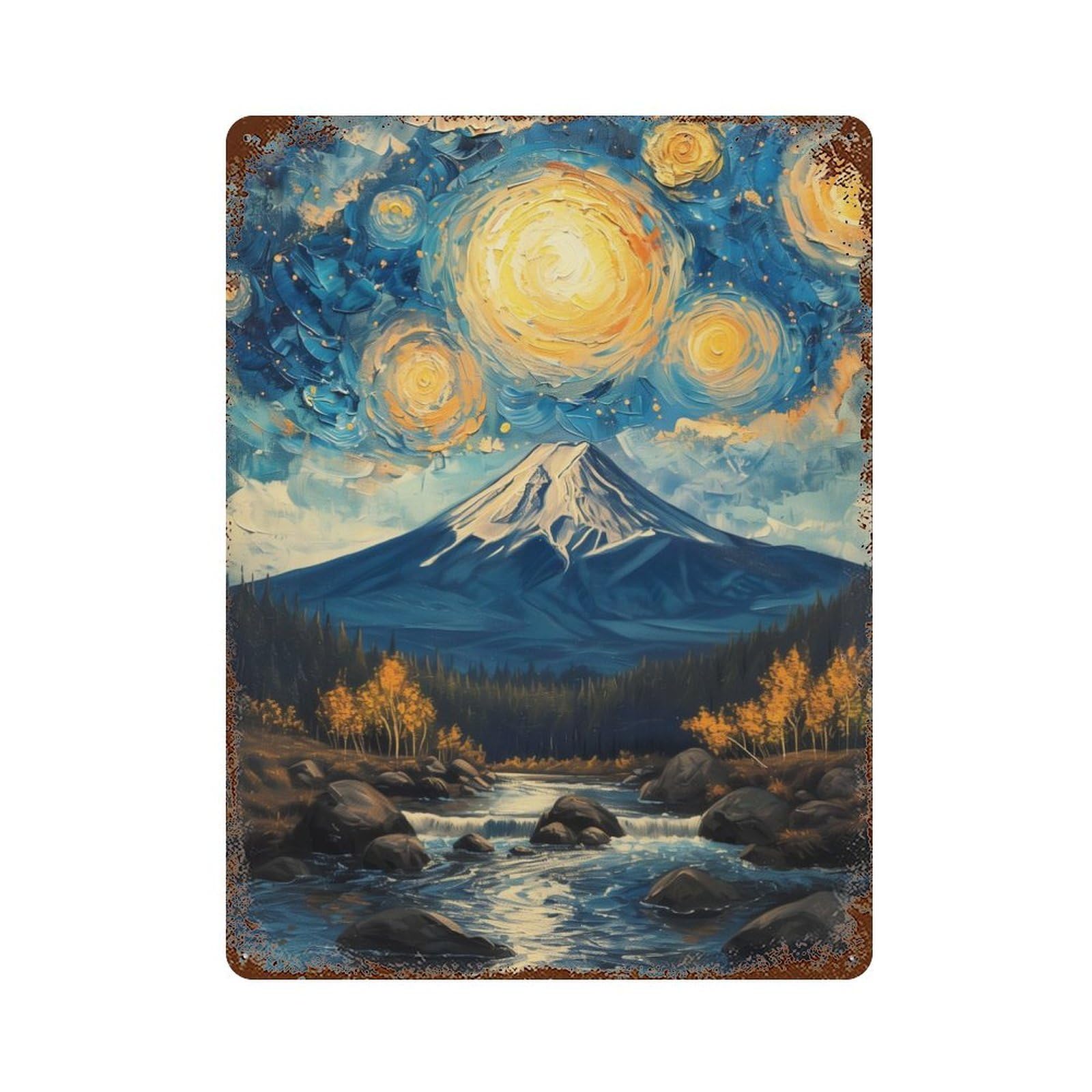 Starry Night Fuji Mount Vintage Rust Metal Sign 15.7"x11.8", Classic Wall Plaque for Basement, Hobby Room And Garage Decor