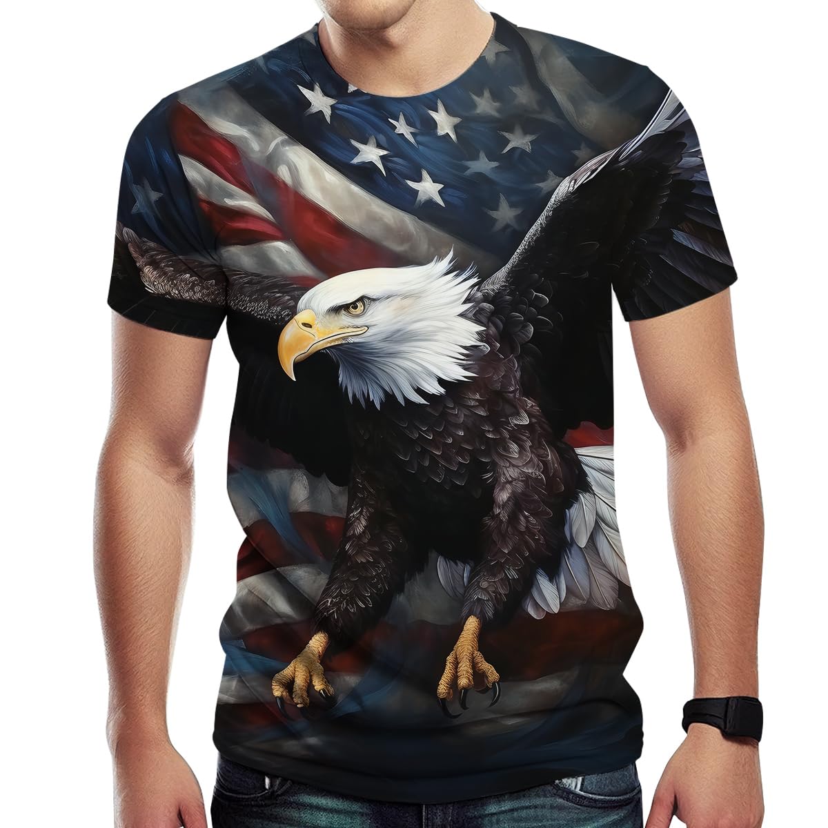 Liohans Vintage American Flag Animal Shirt T-Shirts Gorgeous Eagle Mountains Men Tee Top, Blue, XXL