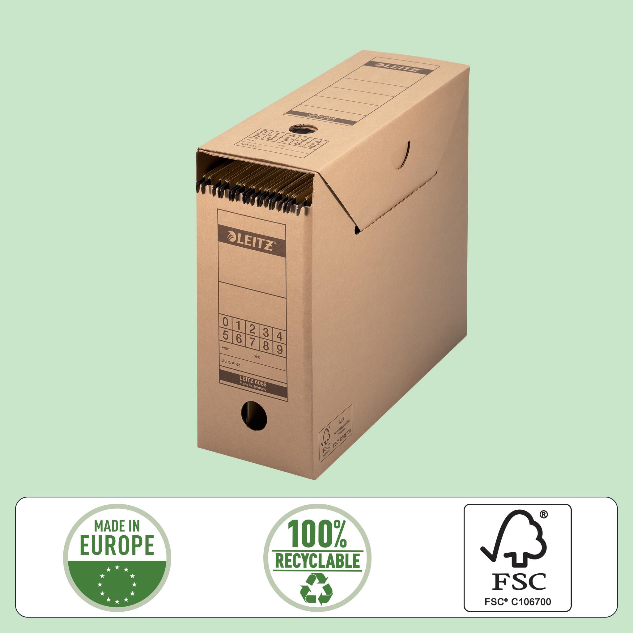 Leitz Premium Archiv-Schachtel mit Verschlusslasche, 120 mm Rückenbreite, Aktenkarton A4, Aufbewahrungsboxen für 15 Hängemappen, 100 % recycelbar, Faltbare Kartonverpackung, 10 Stück, Braun, 60860000