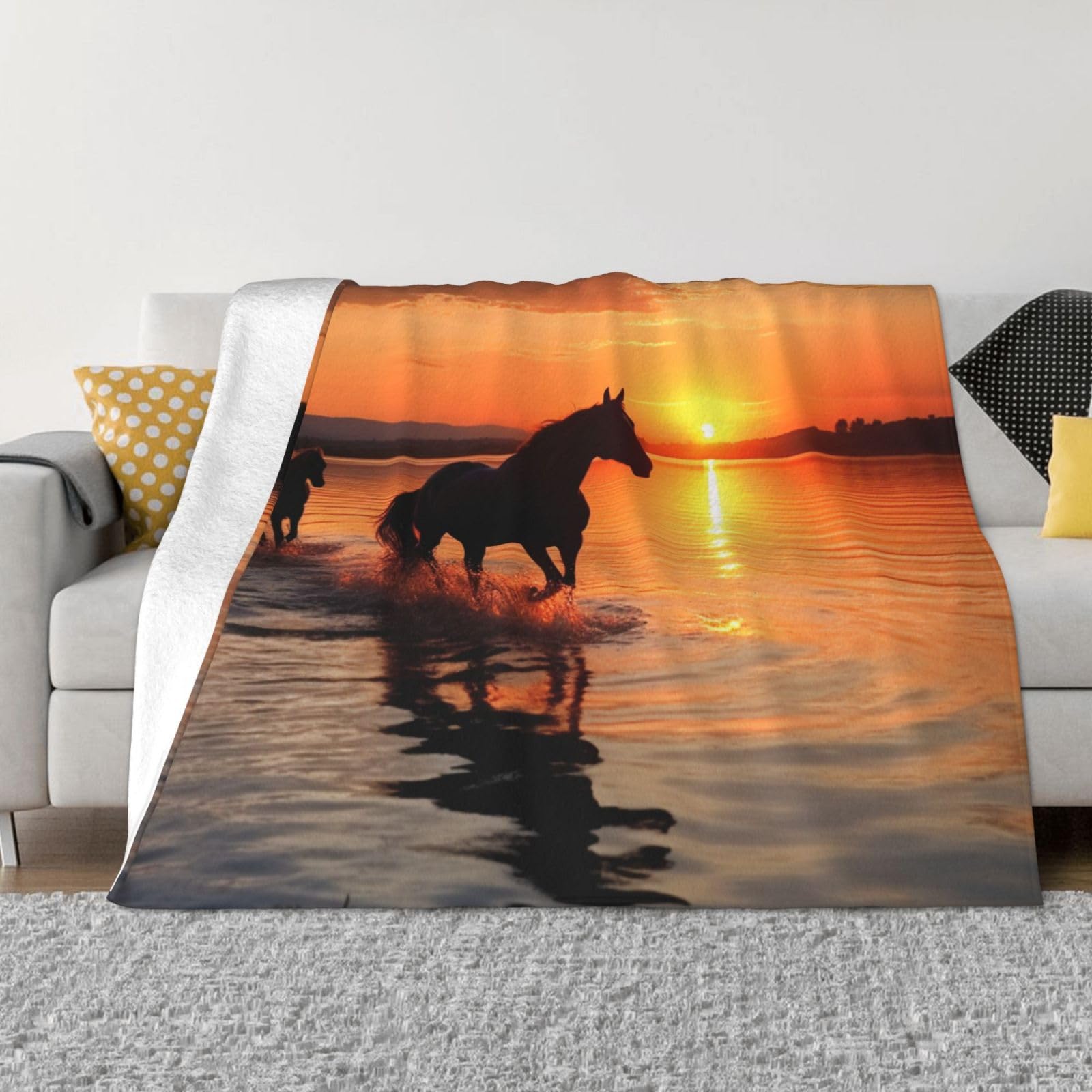 Sunsets Lake Horses Flannel Blanket 50"x40" - Ultra-Soft Lightweight Throw Blanket for Bed, Sofa, and Couch - Luxury Air Conditioning Blankets - Cozy Warm Blankets for All Seasons