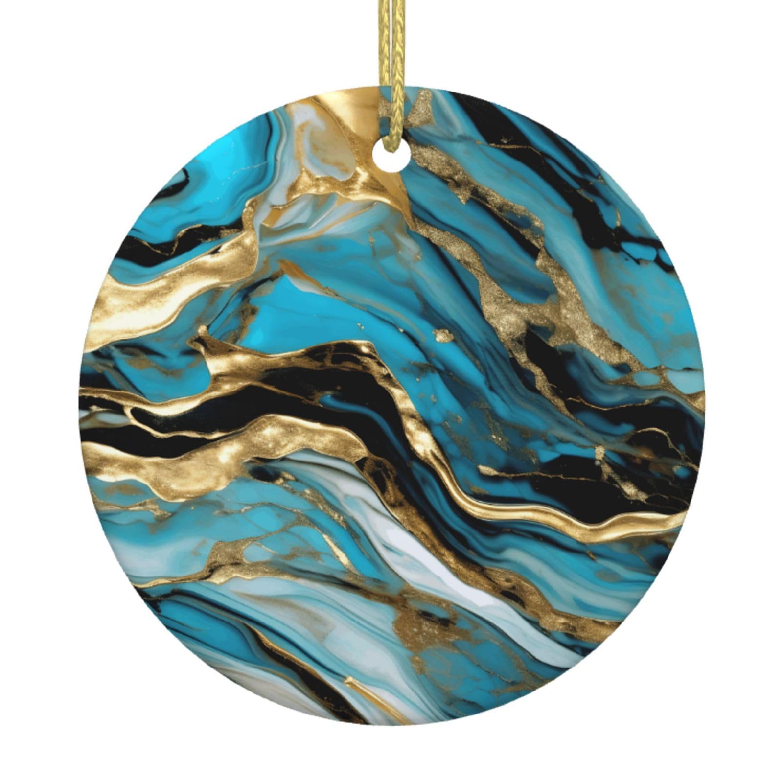 Turquoise Blue Gold Marble Print Christmas Ornaments, Ceramic Hanging Ornament, Round Shape Decorations