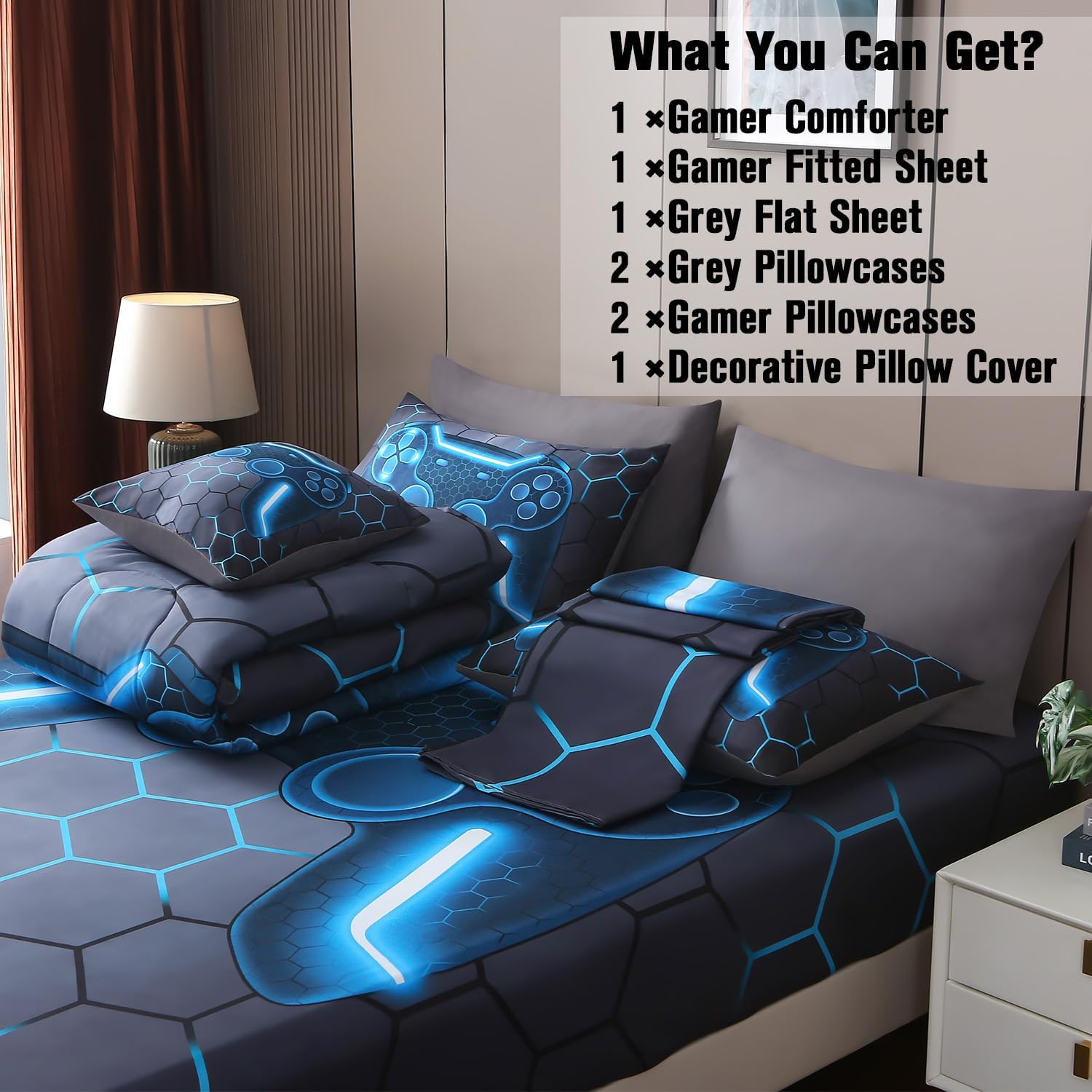JQinHome Twin Gamer Comforter Set 6 Piece Bed in A Bag for Boys,3D Video Game Bedding -All Season Soft Microfiber Down Alternative Comforter Gamer Bedding Sets for Kids (Blue) image 5