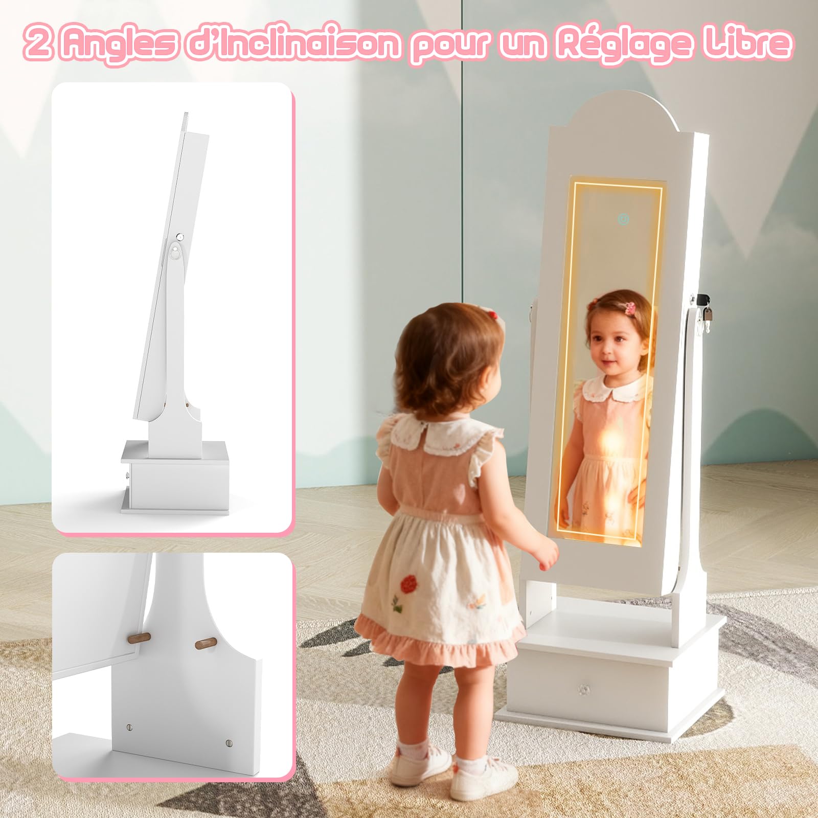 COSTWAY Armoire à Bijoux Enfant avec Miroir Éclairé et Tiroir, Organisateur de Bijoux en Forme Nuage avec Dispositif Anti-basculement, 2 Angles d'Inclinaison, Miroir Pleine Longueur, 3 Ans+ (Blanc)