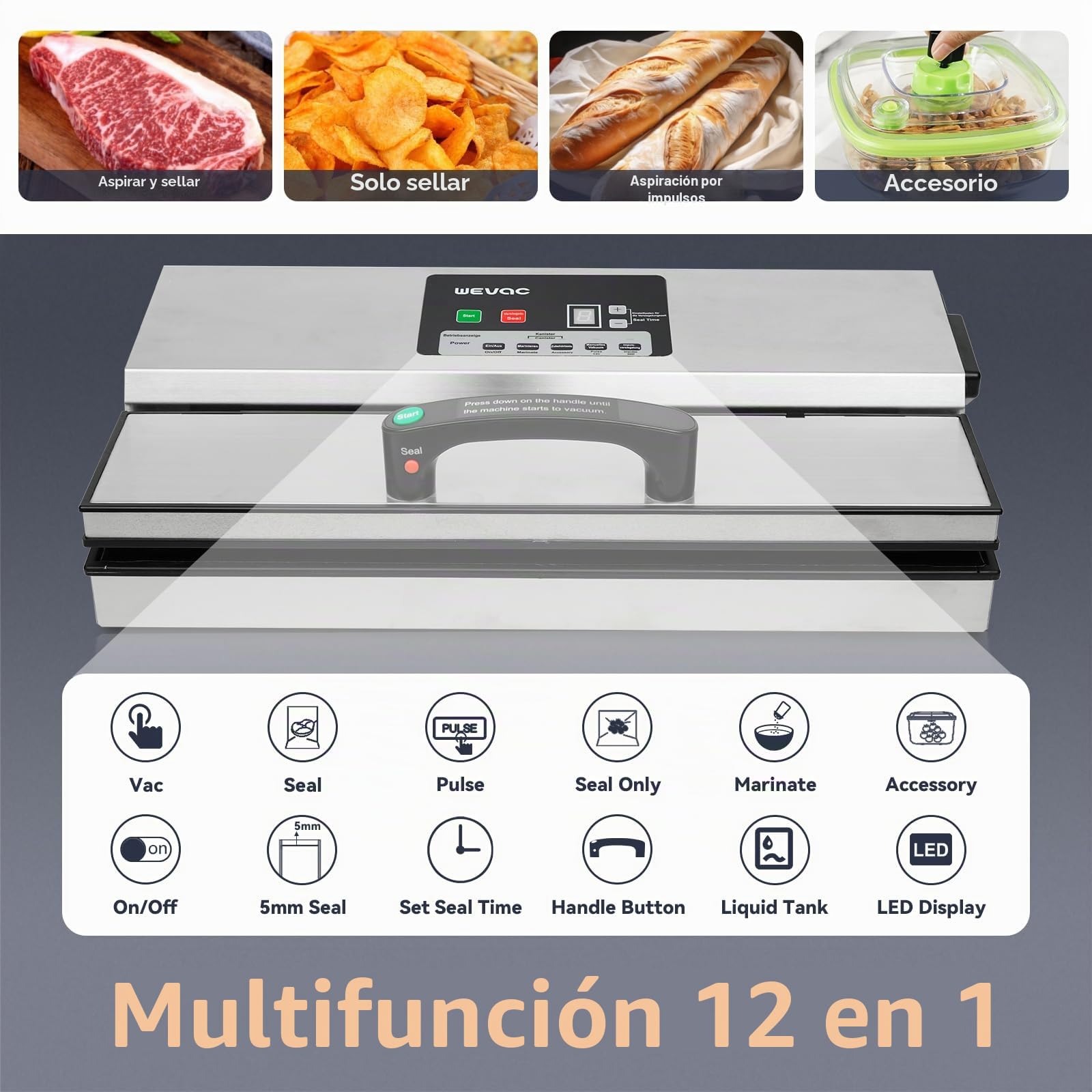 Wevac Máquina selladora al vacío de alimentos de 95 kpa, 550 W, potente operación con una sola mano, 12 en 1, sellador de alimentos con tanque de líquido para uso comercial o doméstico
