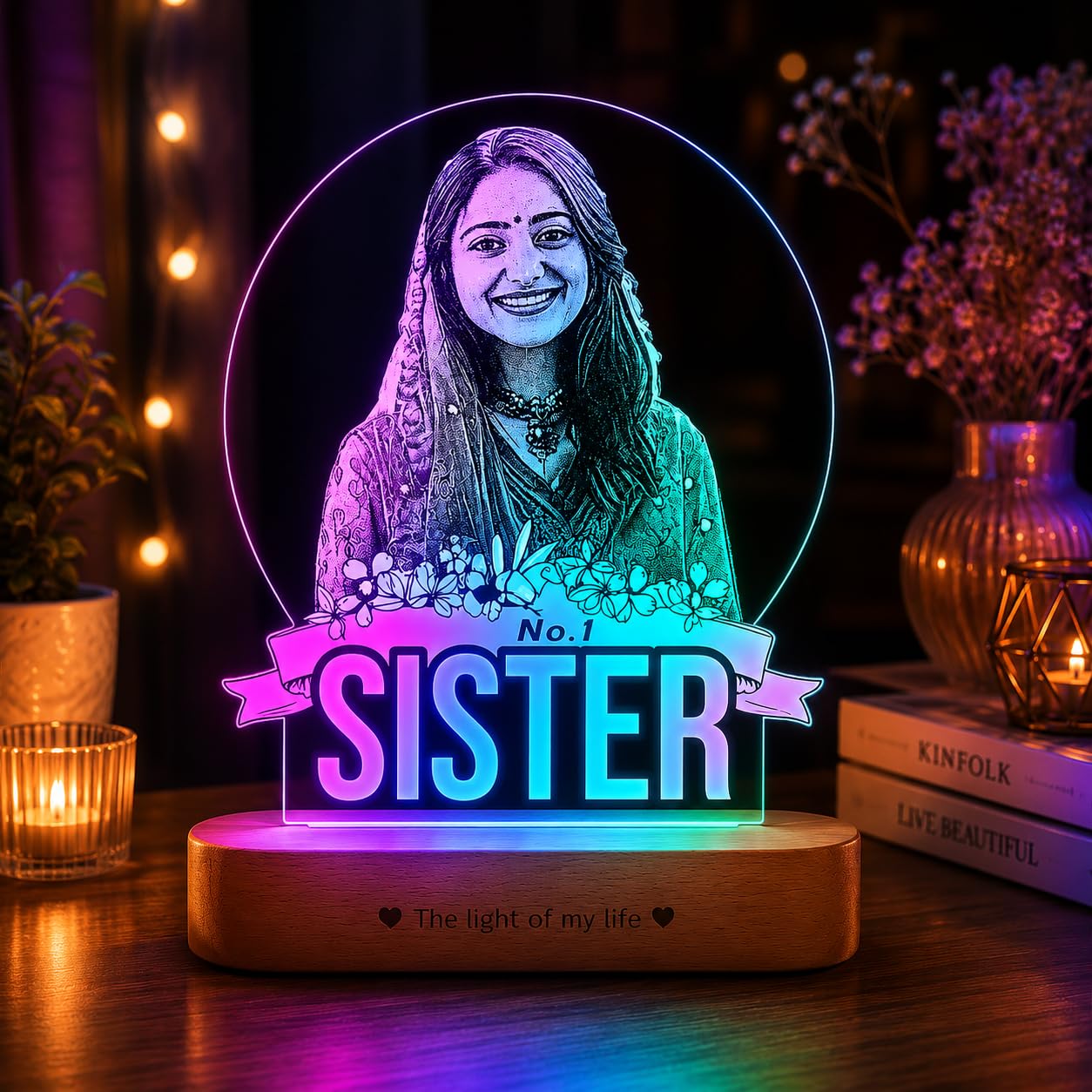 ZOCI VOCI Personalized No.1 Sister Engraved Style Photo Lamp with RGB LED Acrylic Night Lamp, Raksha Bandhan Gift for Sister from Brother