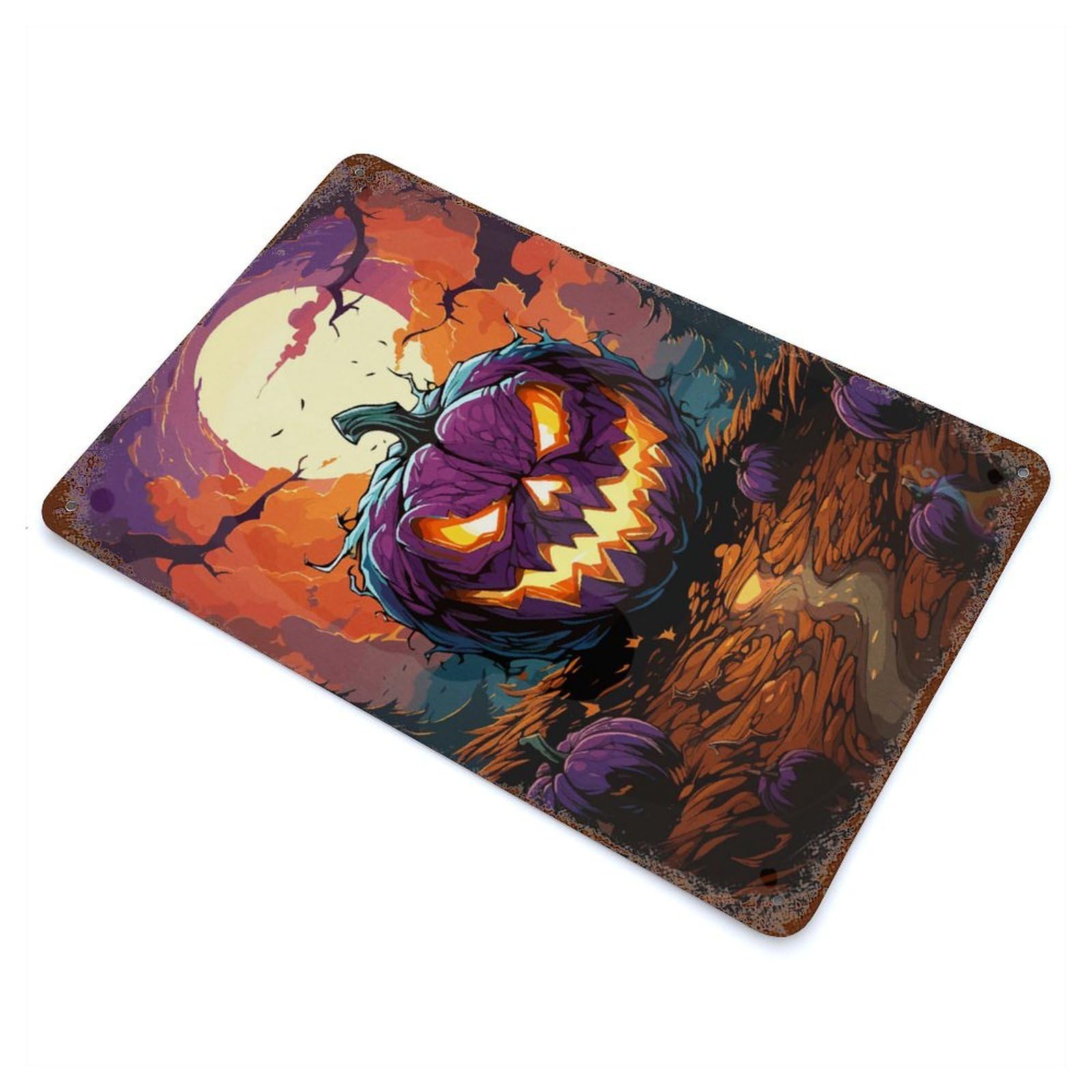 Garage Style Halloween Pumpkin Full Moon Decorative Tin Sign 11.8"x7.9", Rustic Home Decor for Bar And Workshop