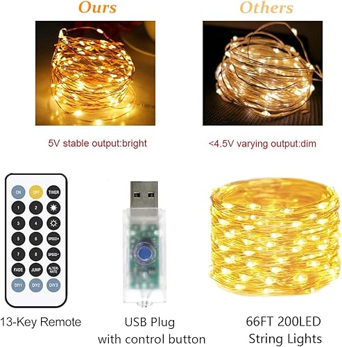 Miniatura 6 de Tira de 200 luces parpadeantes LED con control y enchufe USB para decoración interior de dormitorios de adolescentes, árboles de Navidad, Halloween,