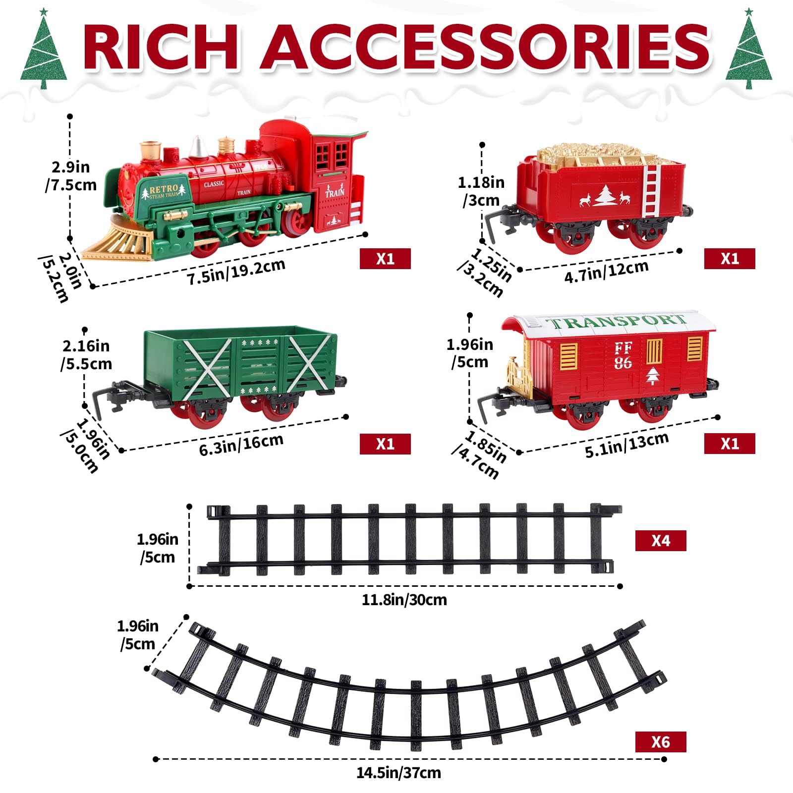 deAO Tren Clásico Infantil con Luces y Sonidos Conjunto Navideño de Vías, Locomotora y 3 Vagones Tren de Juguete Electrónico Decoración de Navidad (Rojo 05)