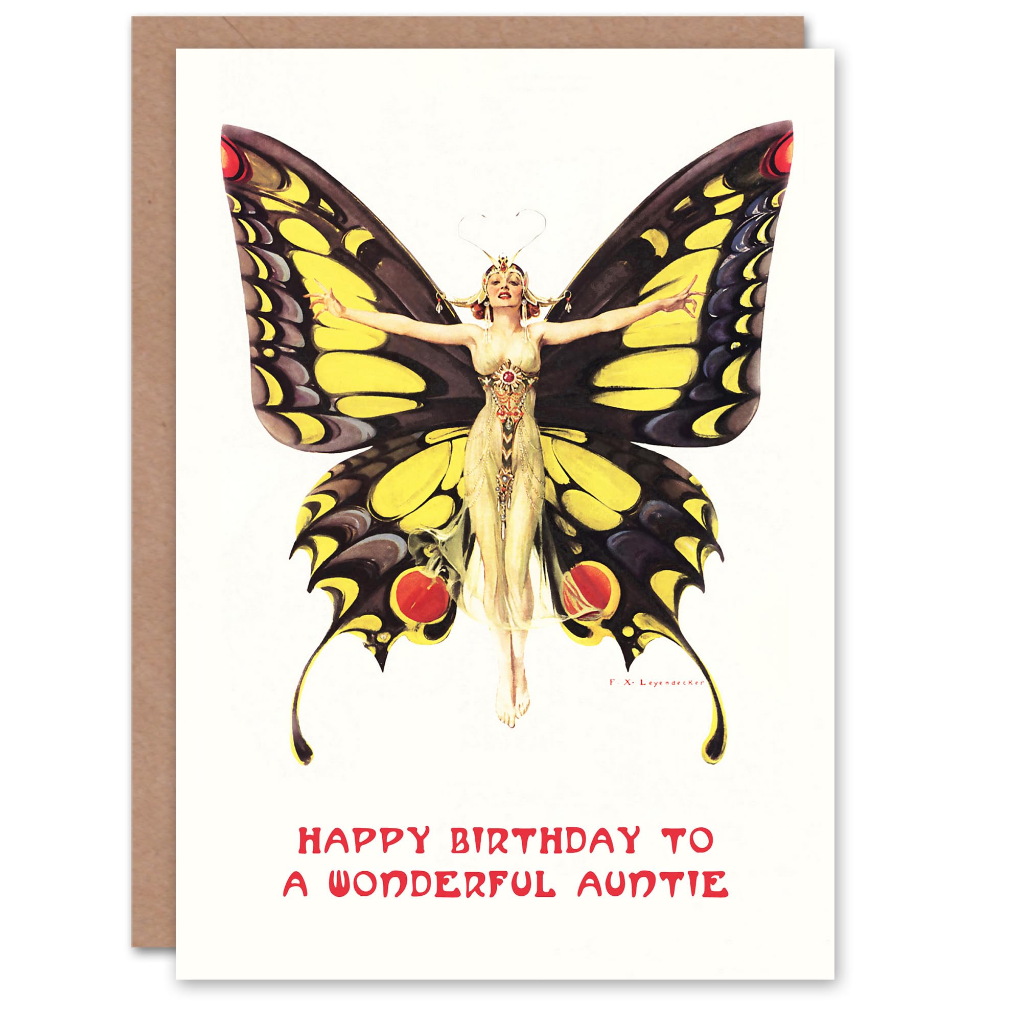 Artery8 Auntie Happy Birthday Card 1920's Art Nouveau Butterfly Woman Elegant Fun For Her Greeting Card